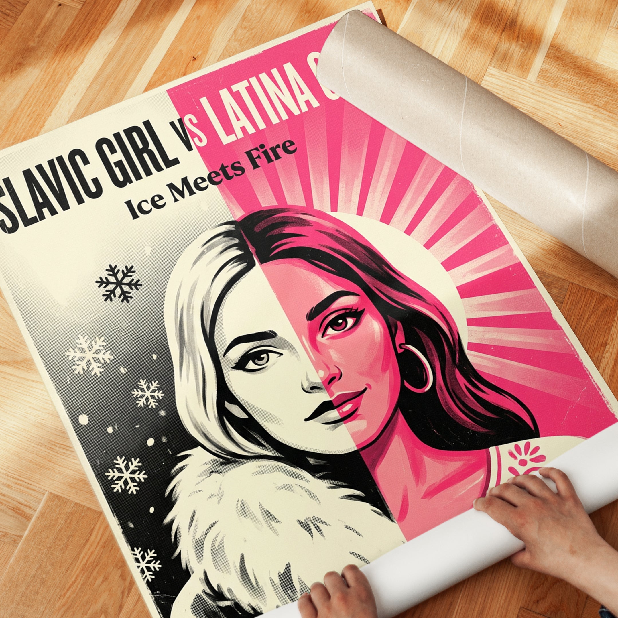 Ice Meets Fire Retro Poster: Split Portrait Pink Black Design - detail