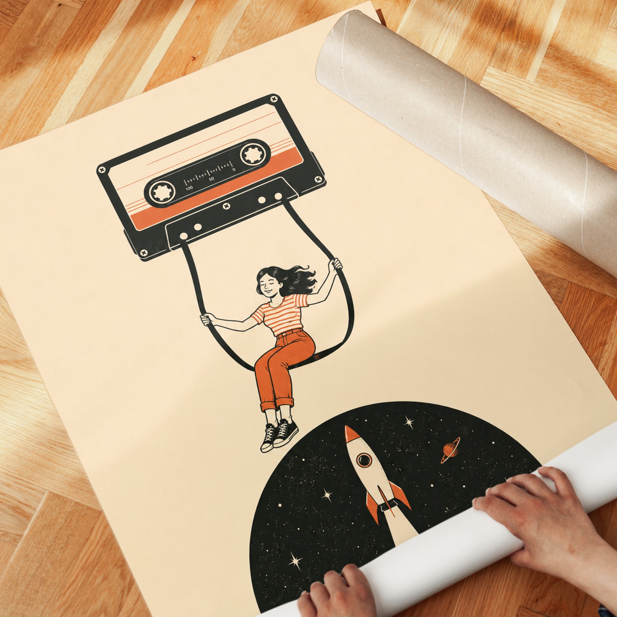 Cassette Tape Wall Art: Nostalgic 80s Music & Rocket Design - detail