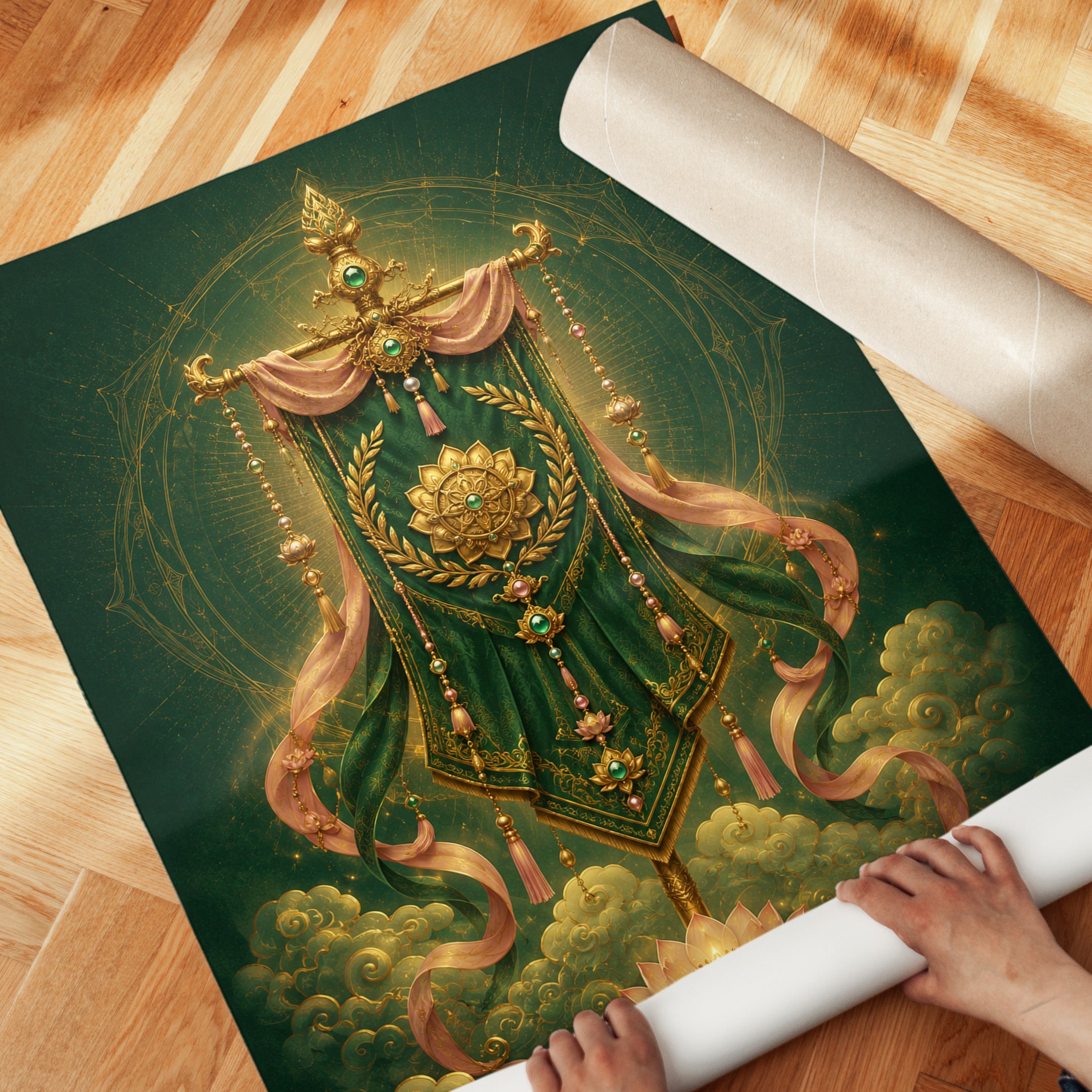 Lotus Flower Wall Art – Green Gold Buddhist Decor - detail