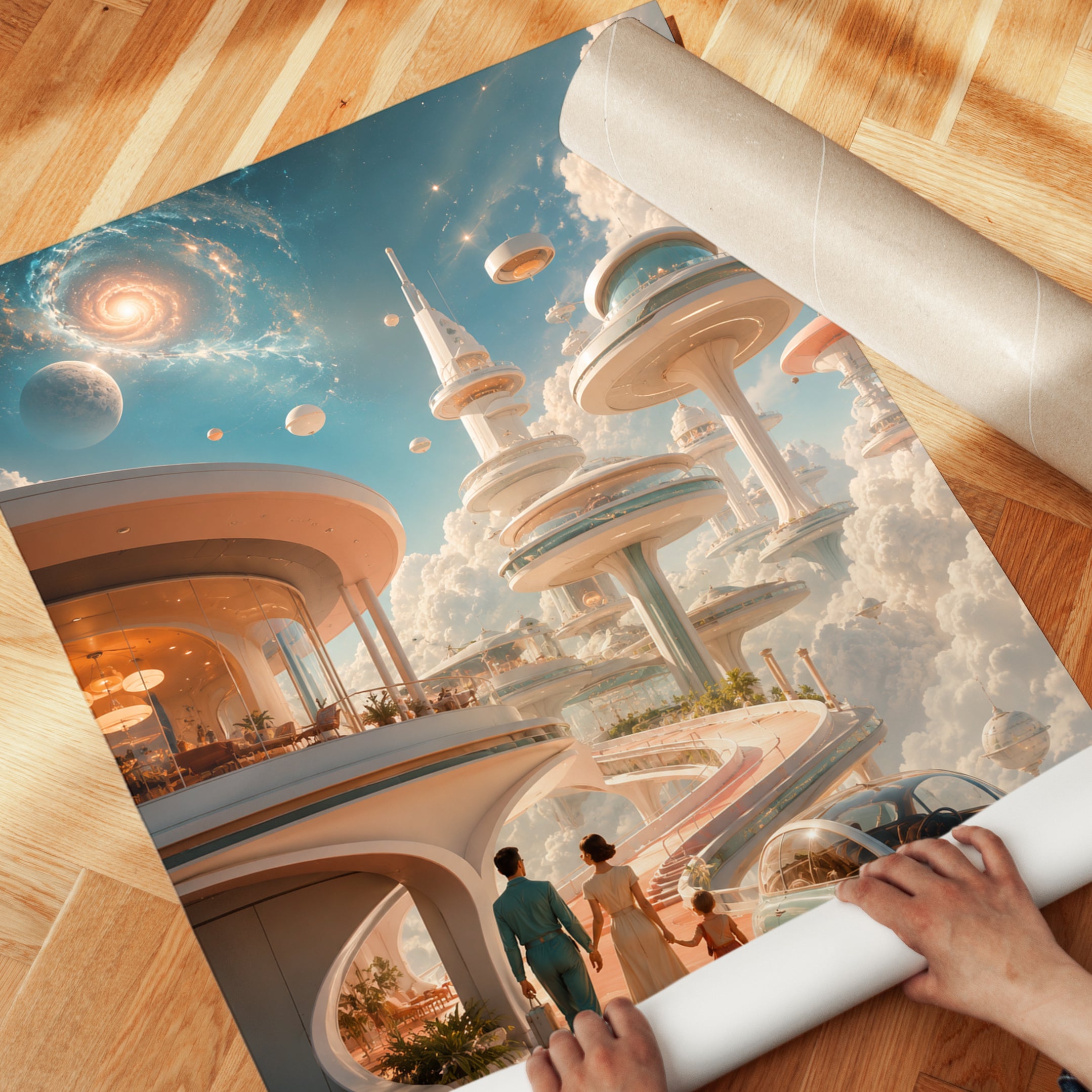 Retro Future City Poster: Mid-Century Space Architecture Print - detail