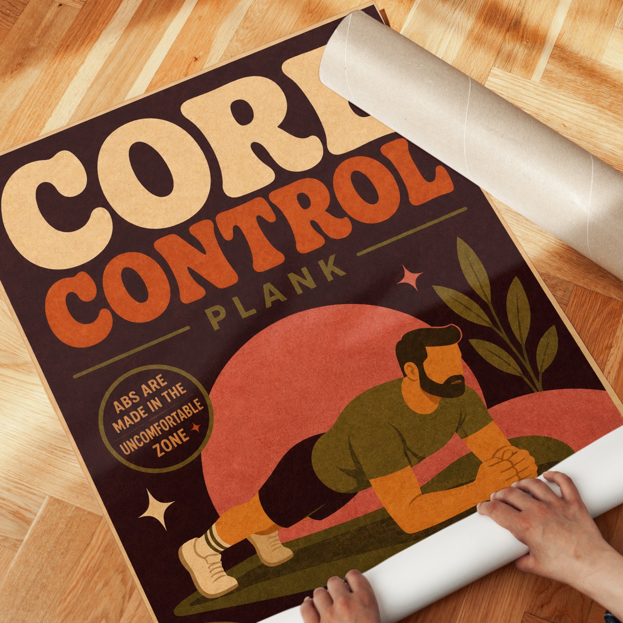 Core Control Plank Poster: Retro Fitness Motivational Art Print - detail