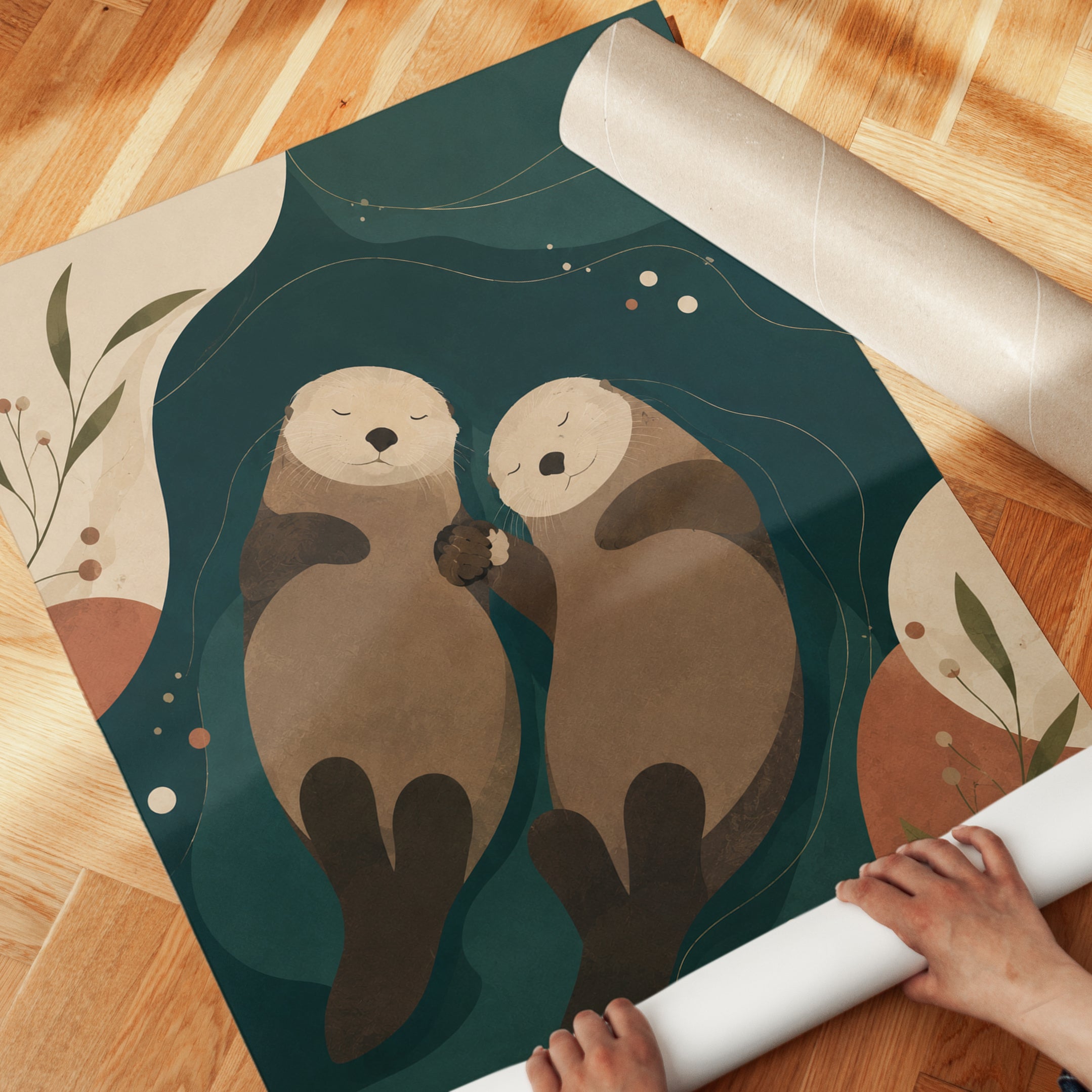 Sea Otters Holding Hands Art Print: Minimalist Teal and Beige - detail