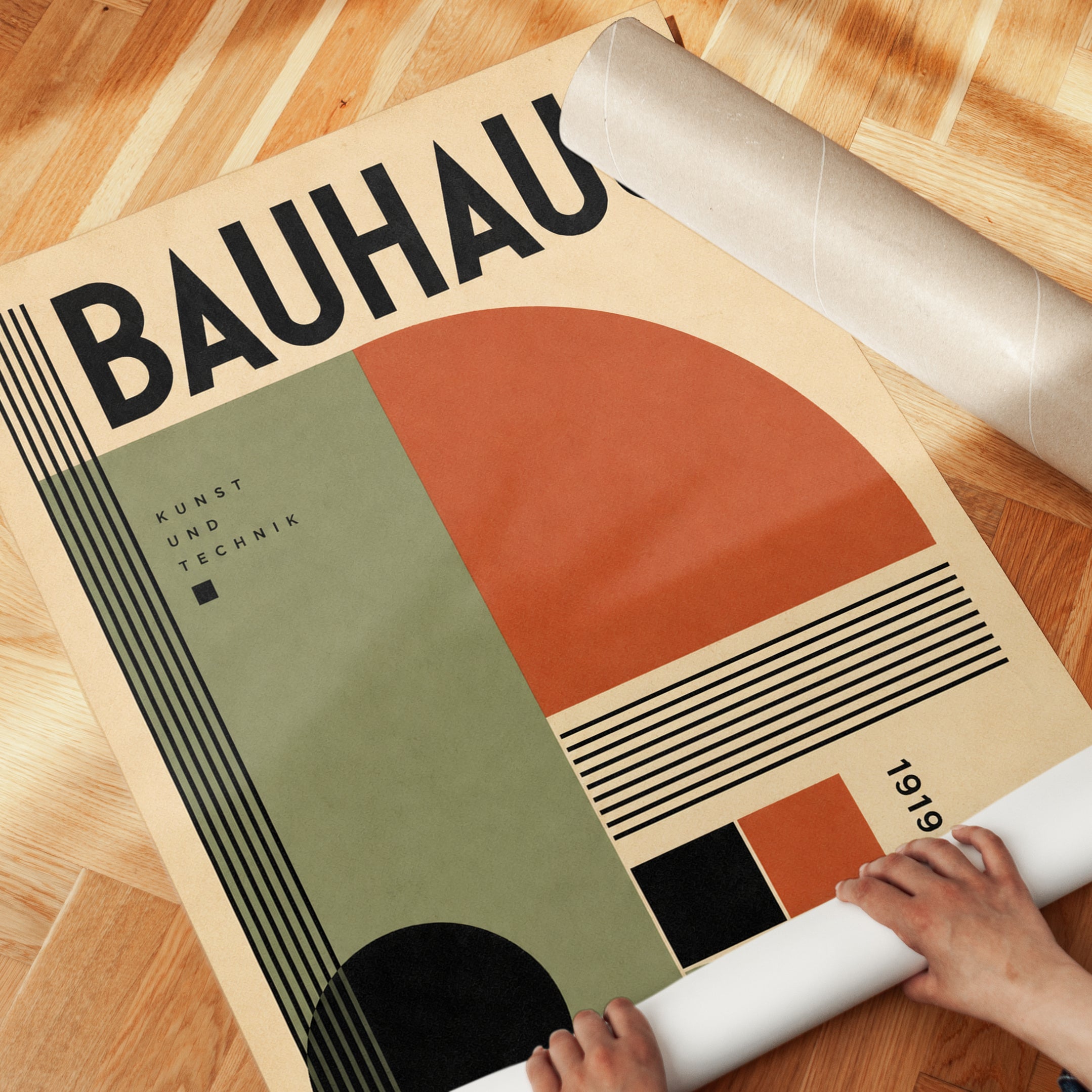 Bauhaus Geometric Poster: Modernist Design with Red and Sage Green - detail