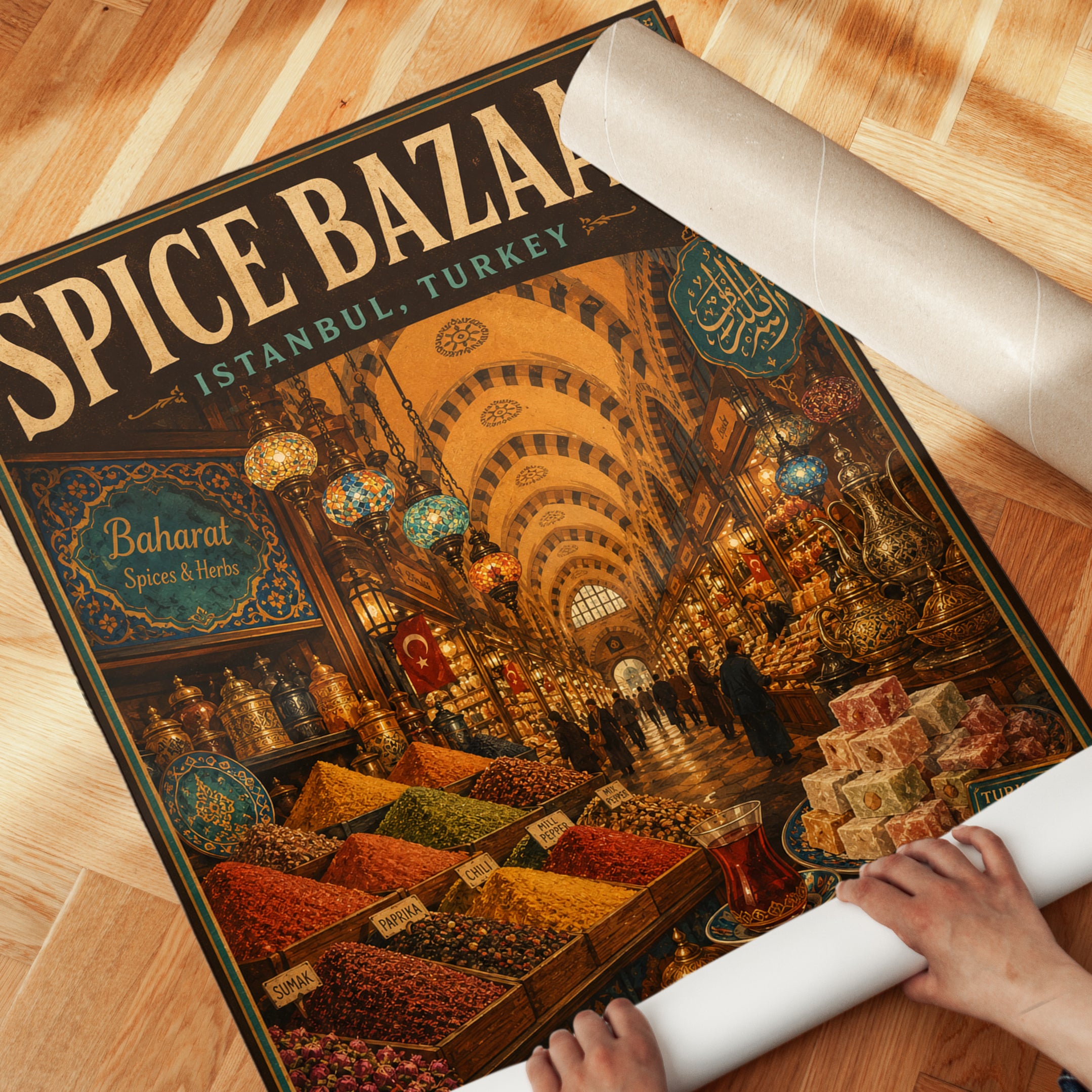 Spice Bazaar Vintage Travel Poster — Istanbul Turkey Market - detail