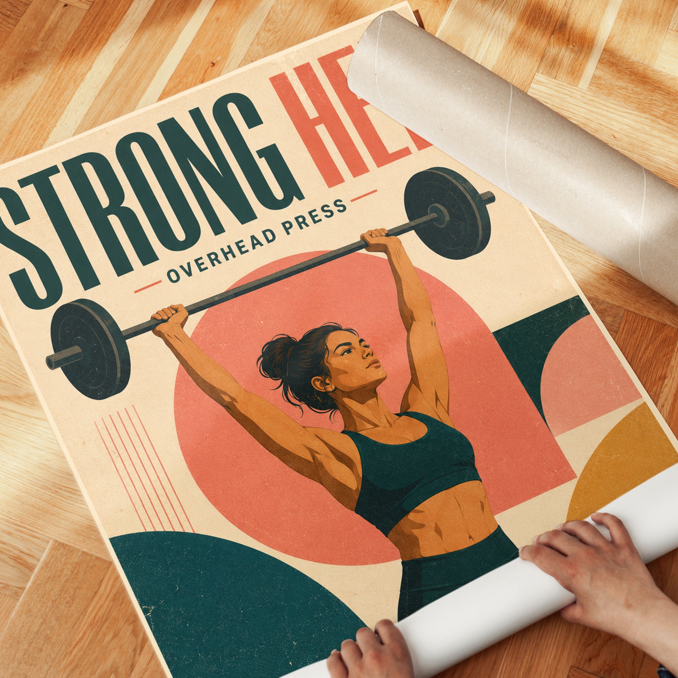 Strong Her Overhead Press: Retro Fitness Poster Art Print - detail