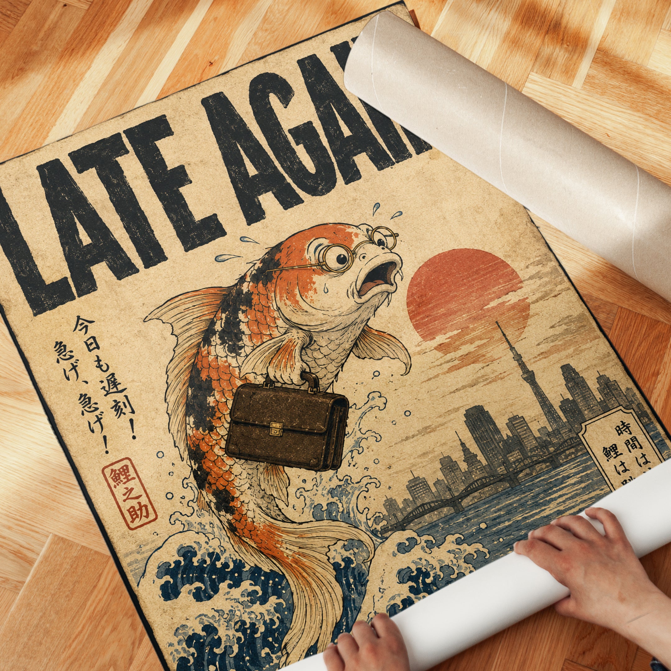 Late Again Koi Fish Print: Japanese Ukiyo-e Office Humor Art - detail