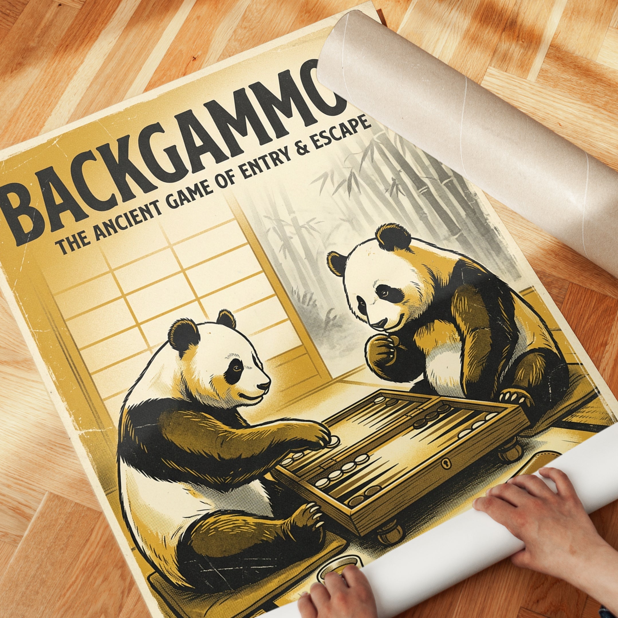 Backgammon Panda Print — Vintage Japanese Style Game Room Art - detail