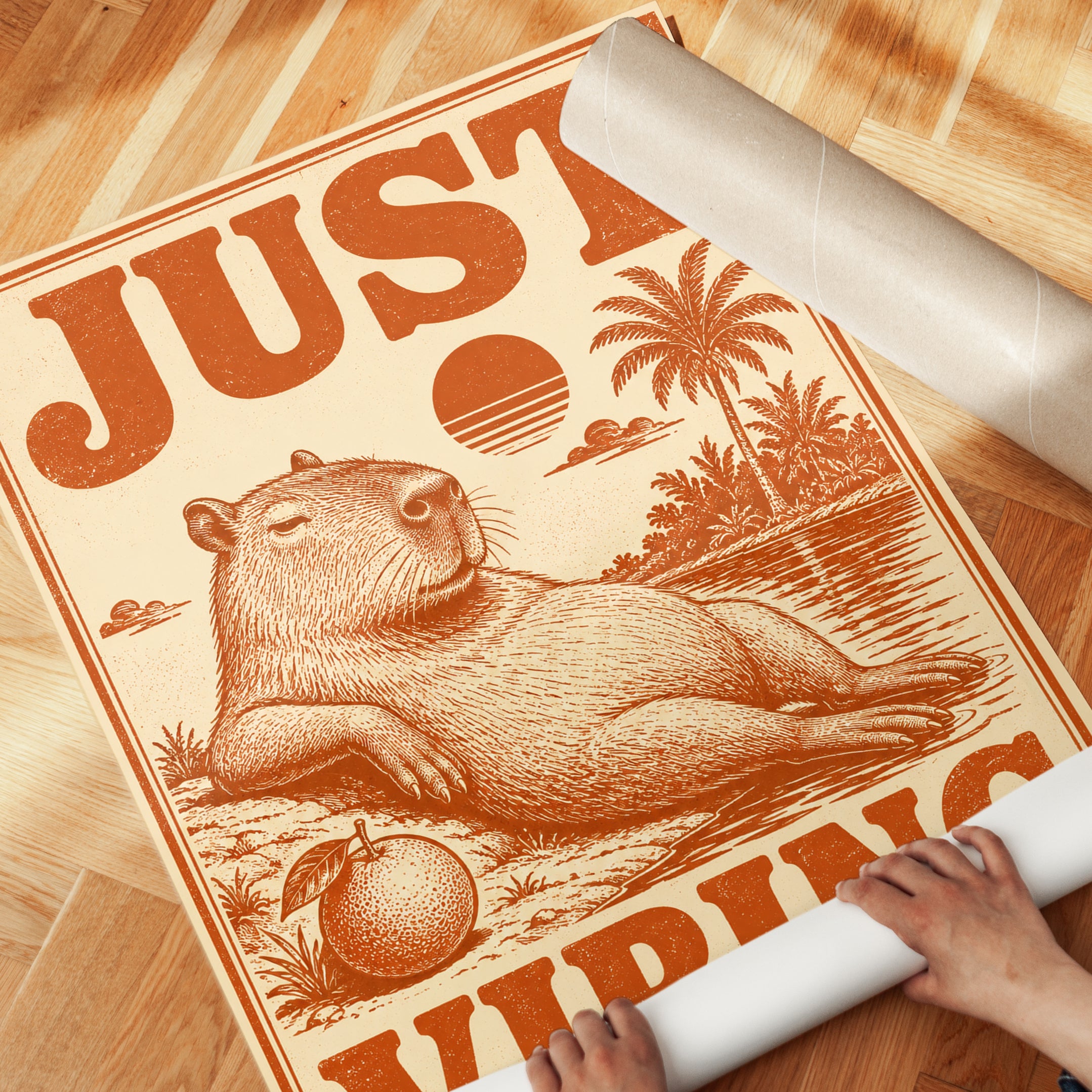 Capybara Print: Retro 70s Tropical Wall Art - detail