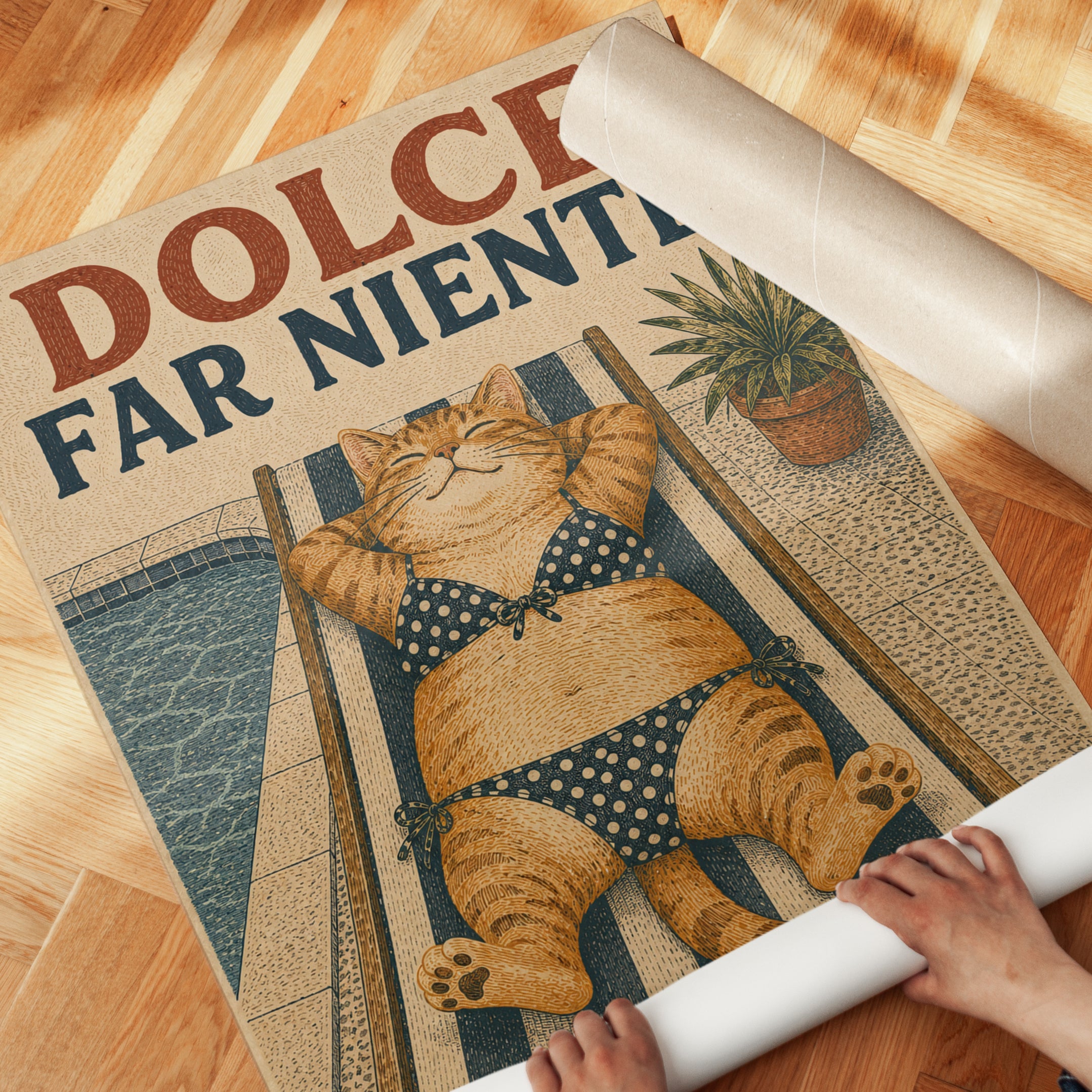 Dolce Far Niente Cat Poolside Poster: Vintage Italian Style Art - detail
