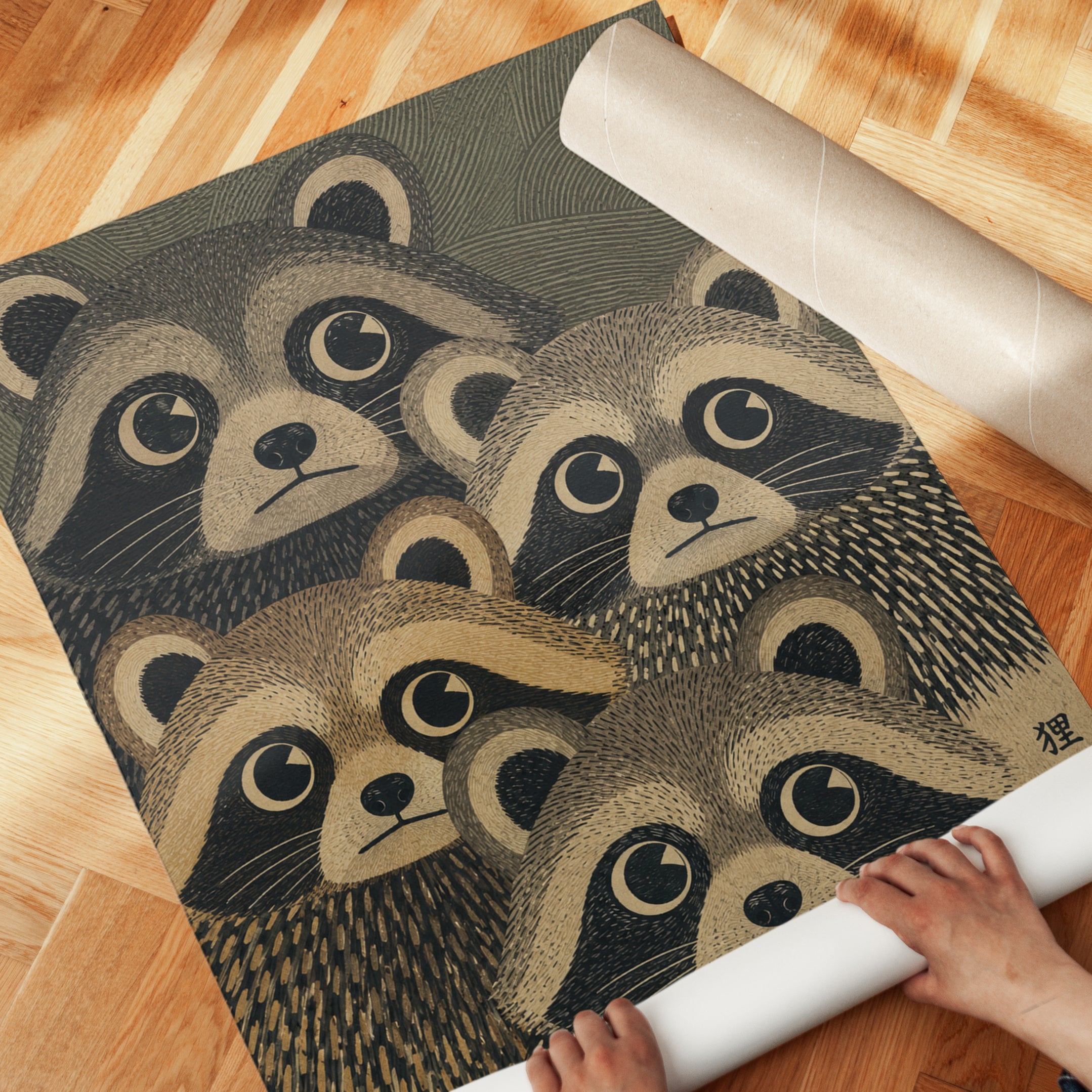 Raccoon Japanese Folk Art Print - detail