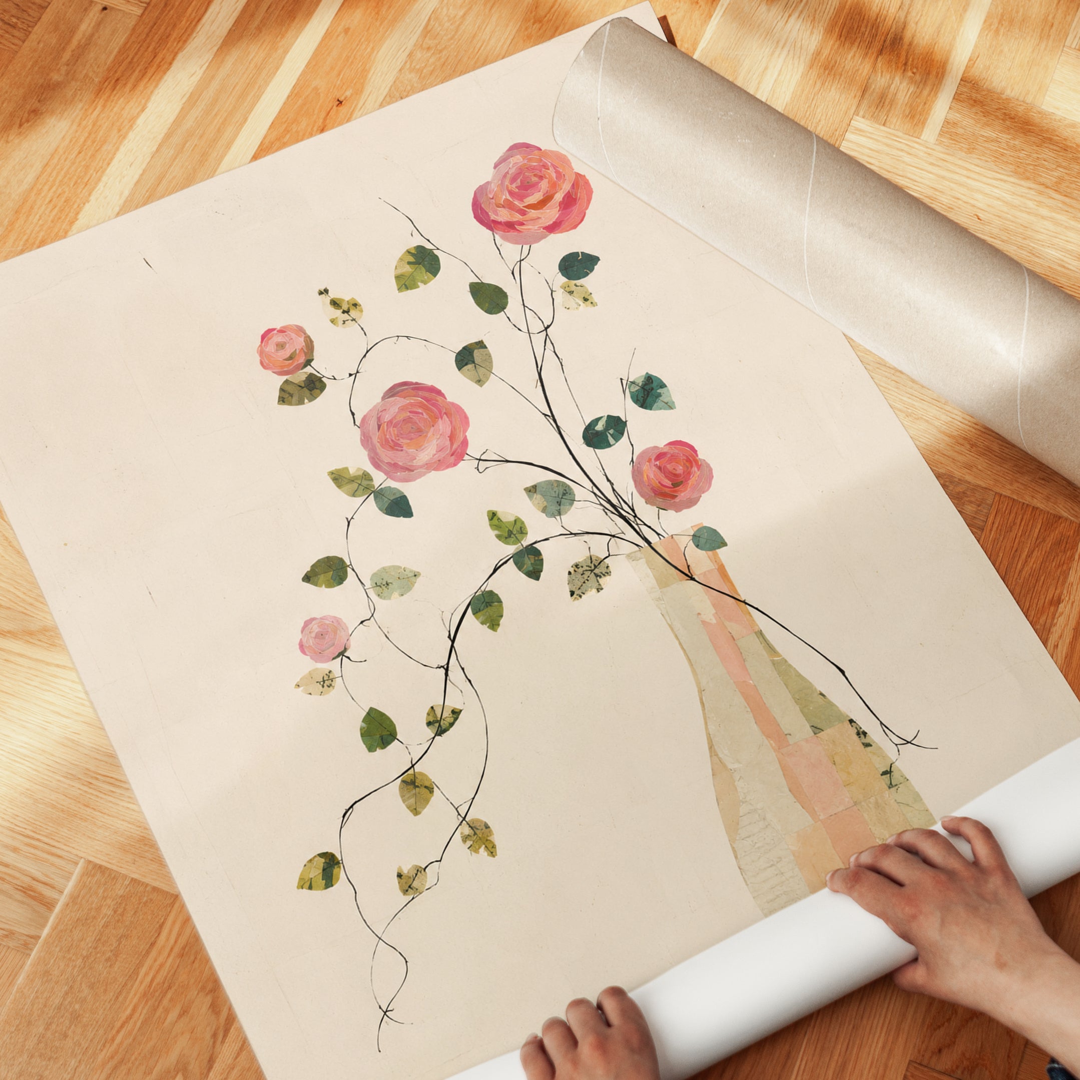 Pink Roses in Vase Art Print: Delicate Botanical Watercolor - detail