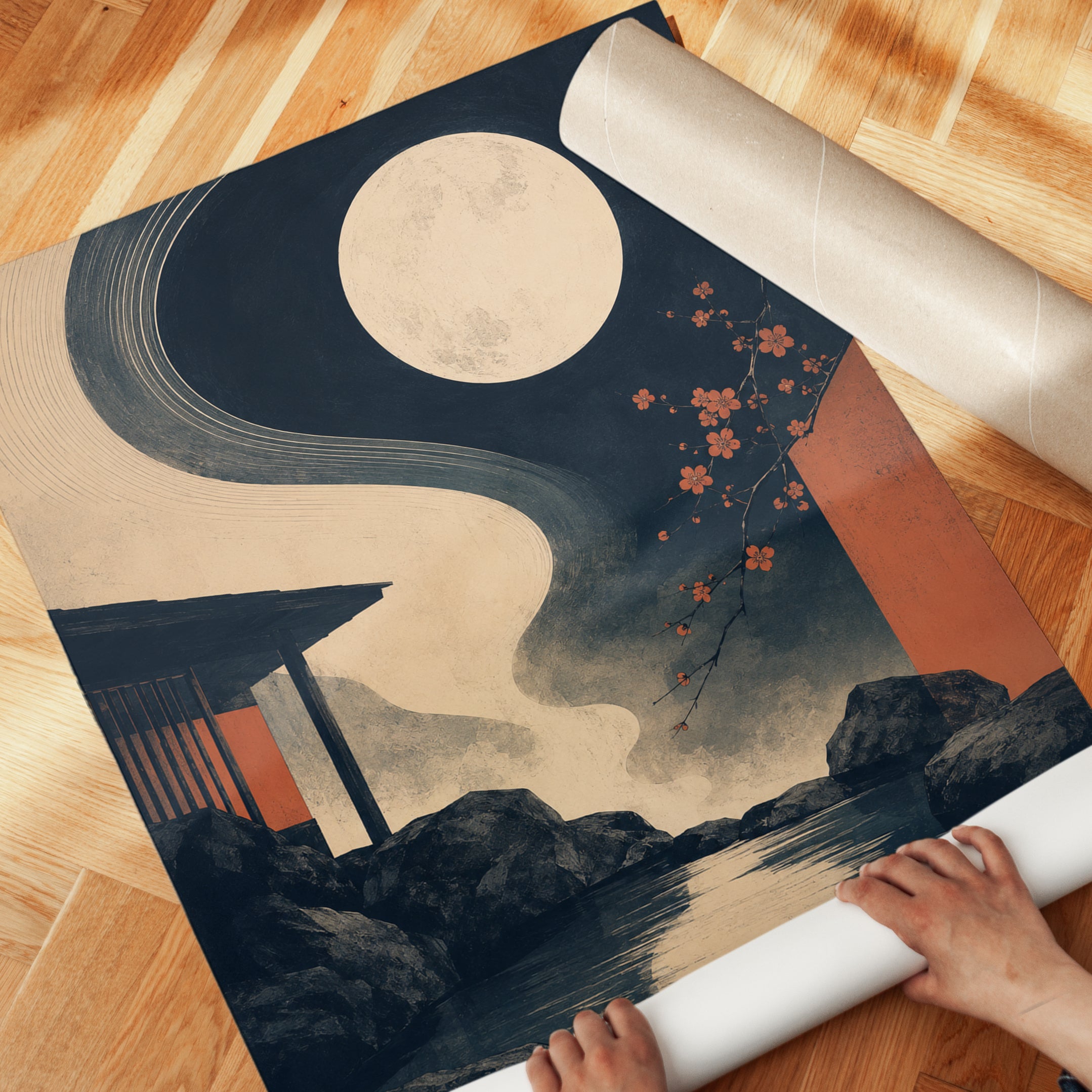 Japanese Wall Art – Moon and Cherry Blossom Print - detail