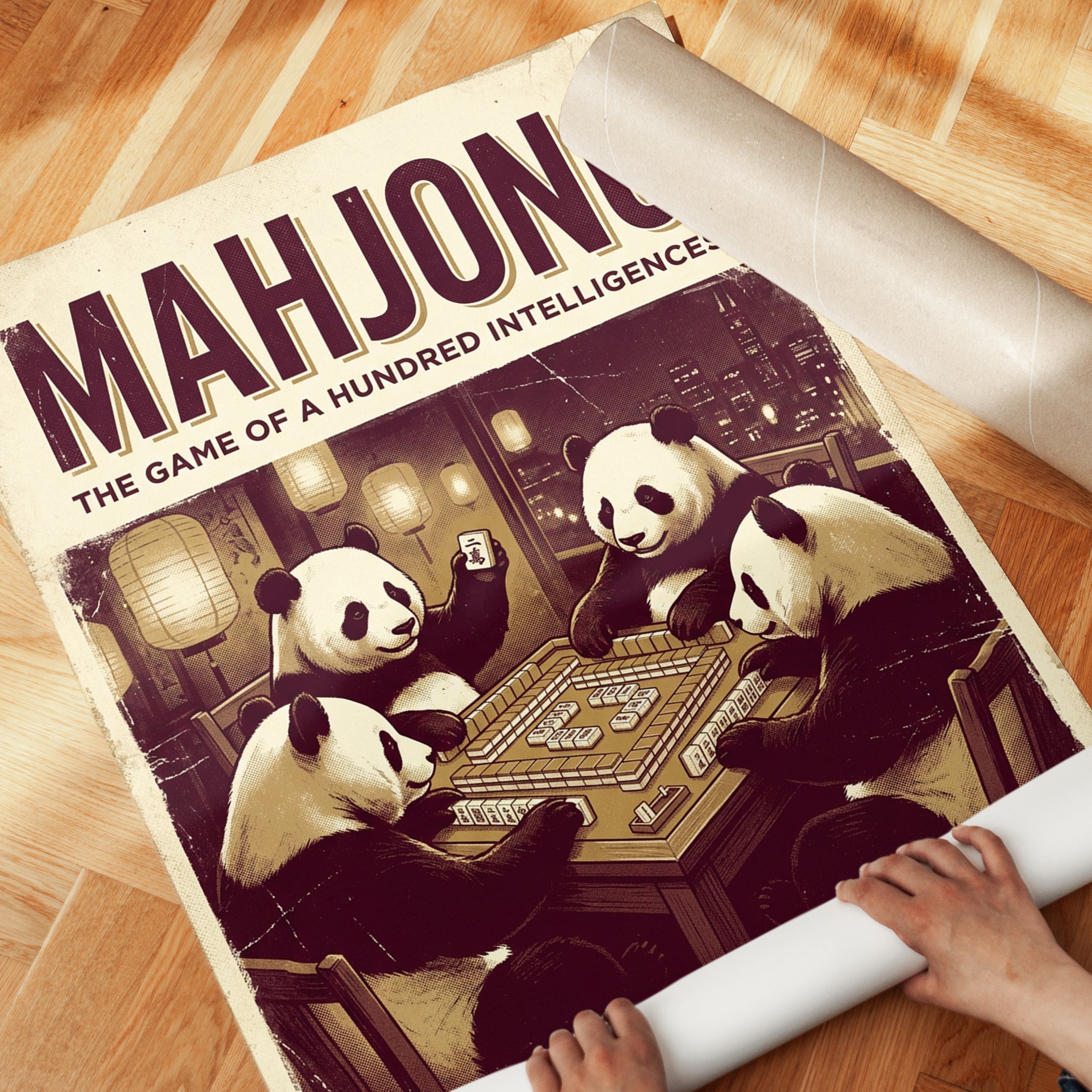 Mahjong Pandas Poster: Vintage Game Room Art Print - detail