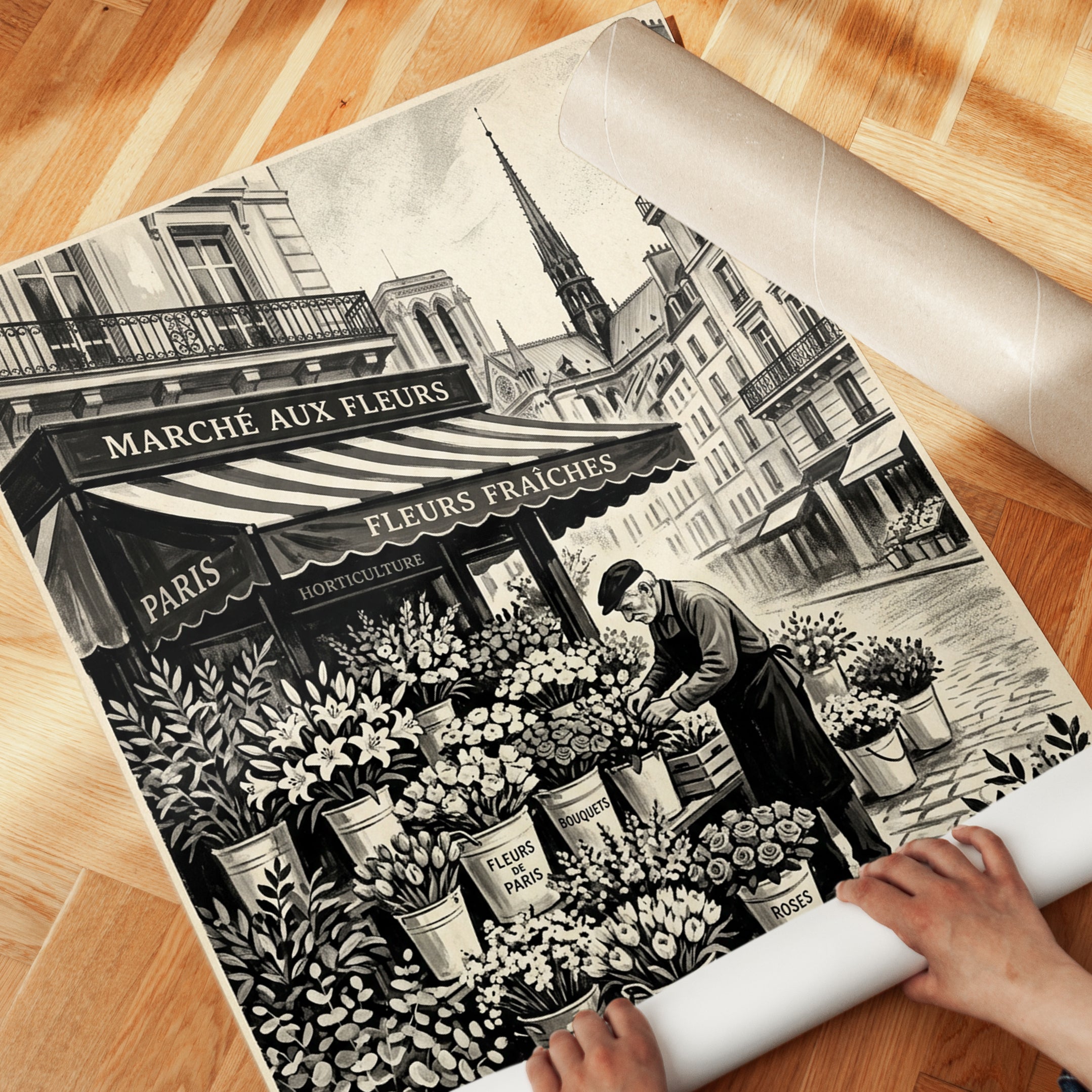 Paris Flower Market Art Print: Vintage Sepia Street Scene - detail