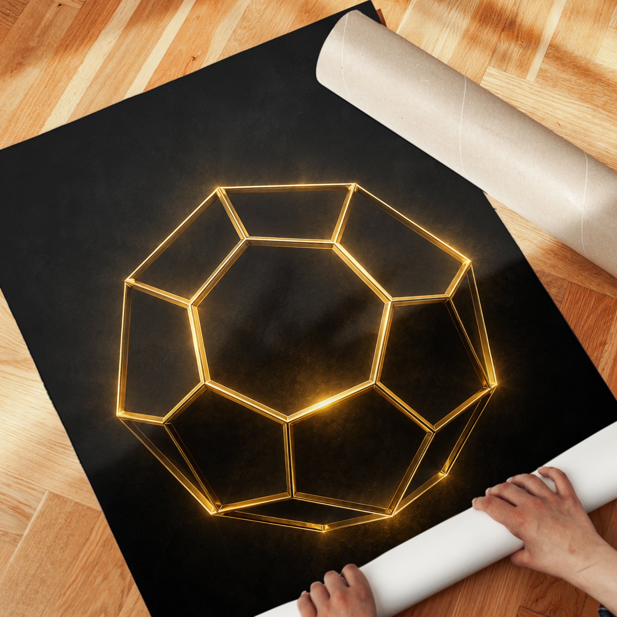 Golden Geometric Dodecahedron Wall Art: Neon Light Design - detail