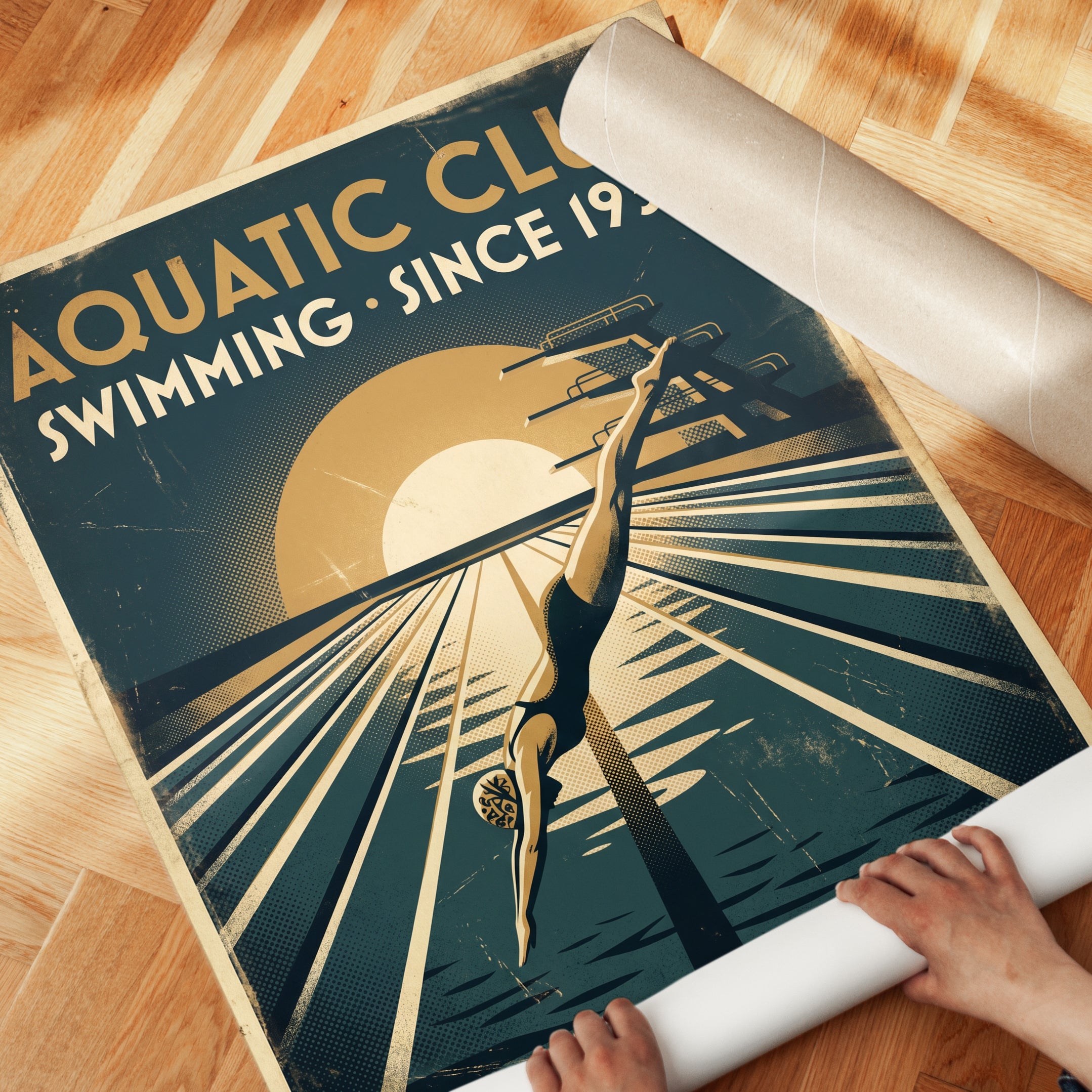 Art Deco Swimming Pool Poster – Vintage Aquatic Club Diver Art - detail