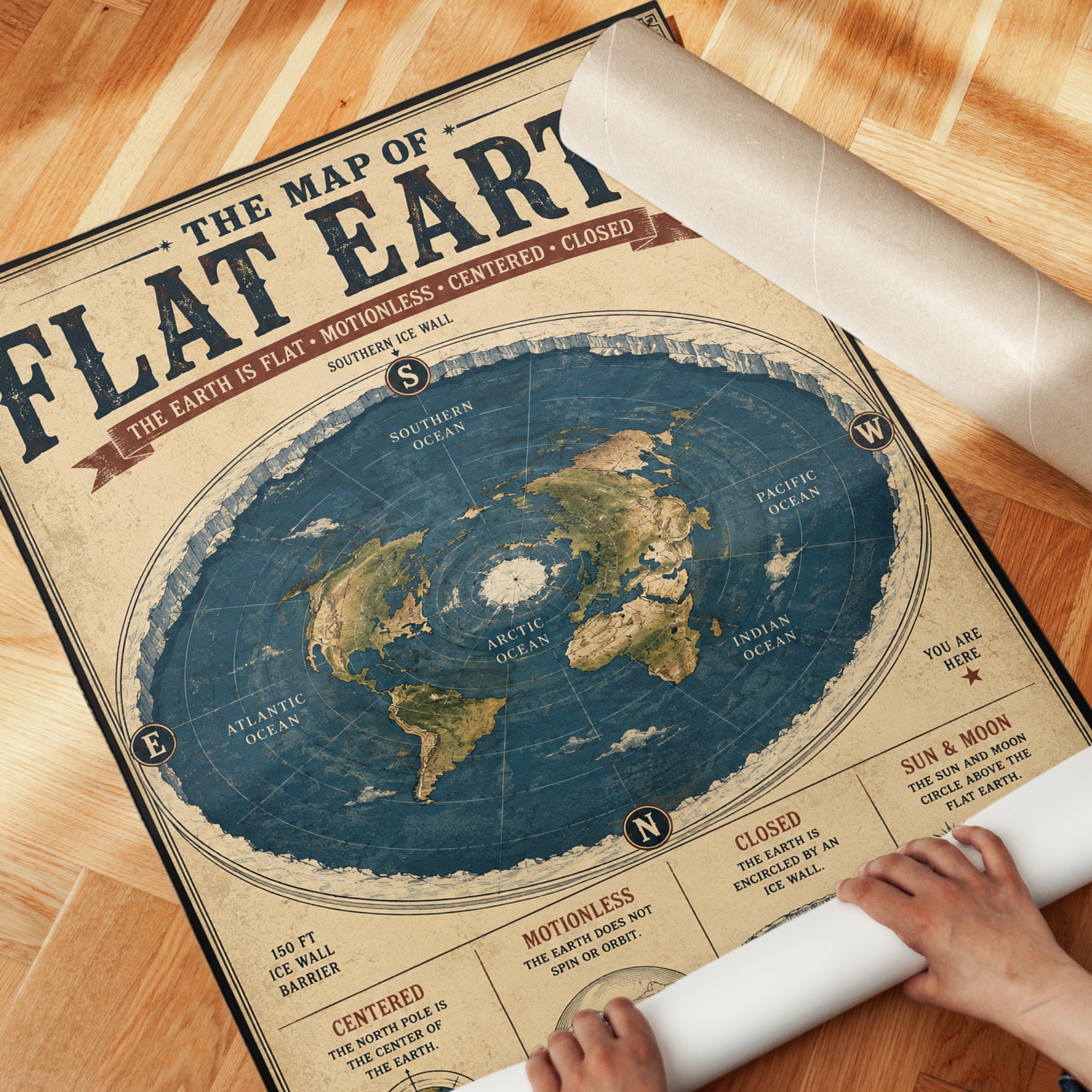 Flat Earth Map Poster – Vintage Map Print - detail