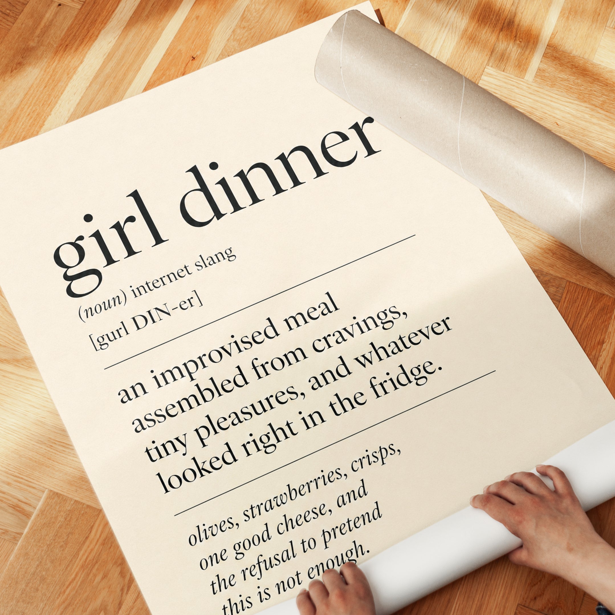 Girl Dinner Definition Print: Minimalist Beige Typography Poster - detail