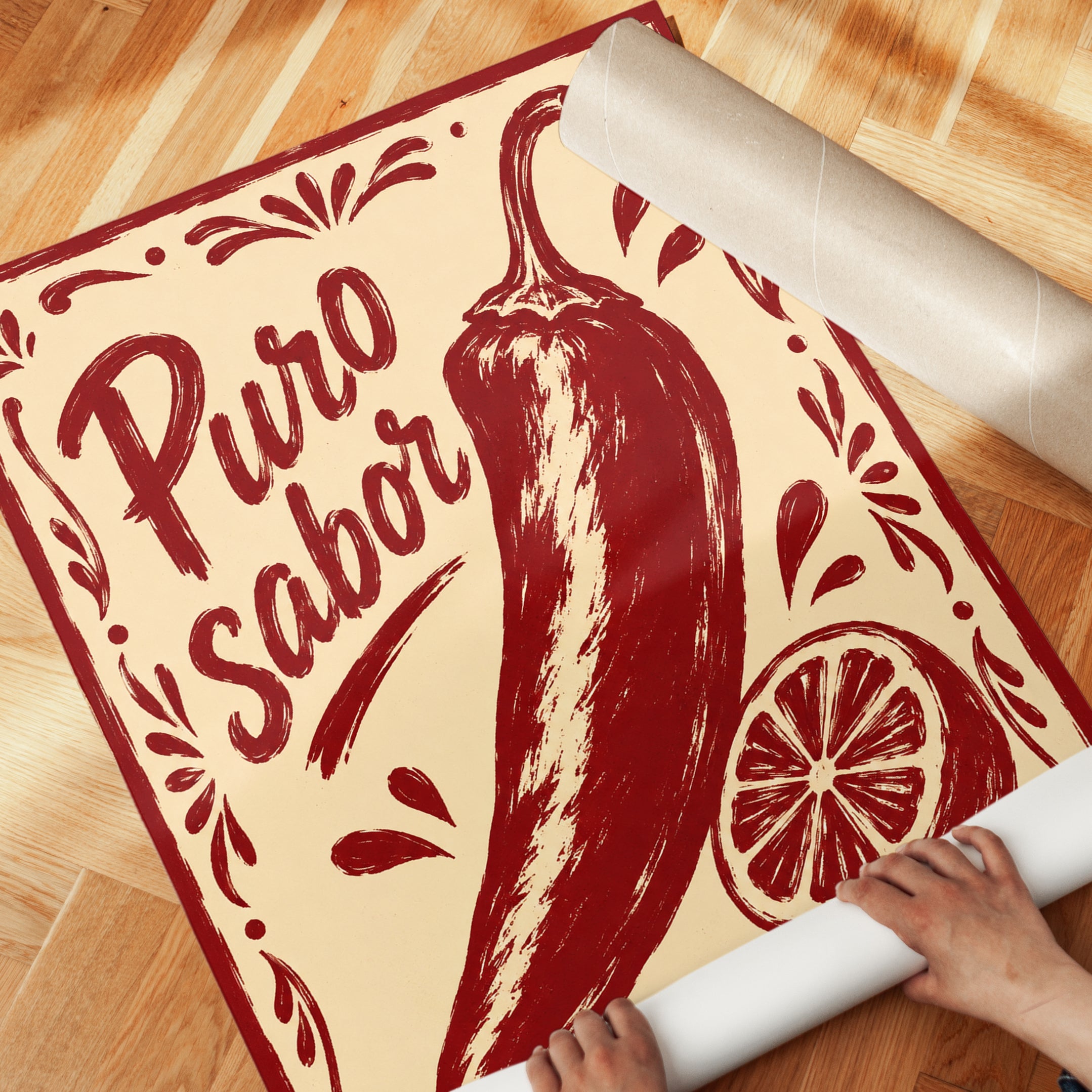 Puro Sabor Chili Pepper Poster: Vintage Mexican Folk Art Print - detail