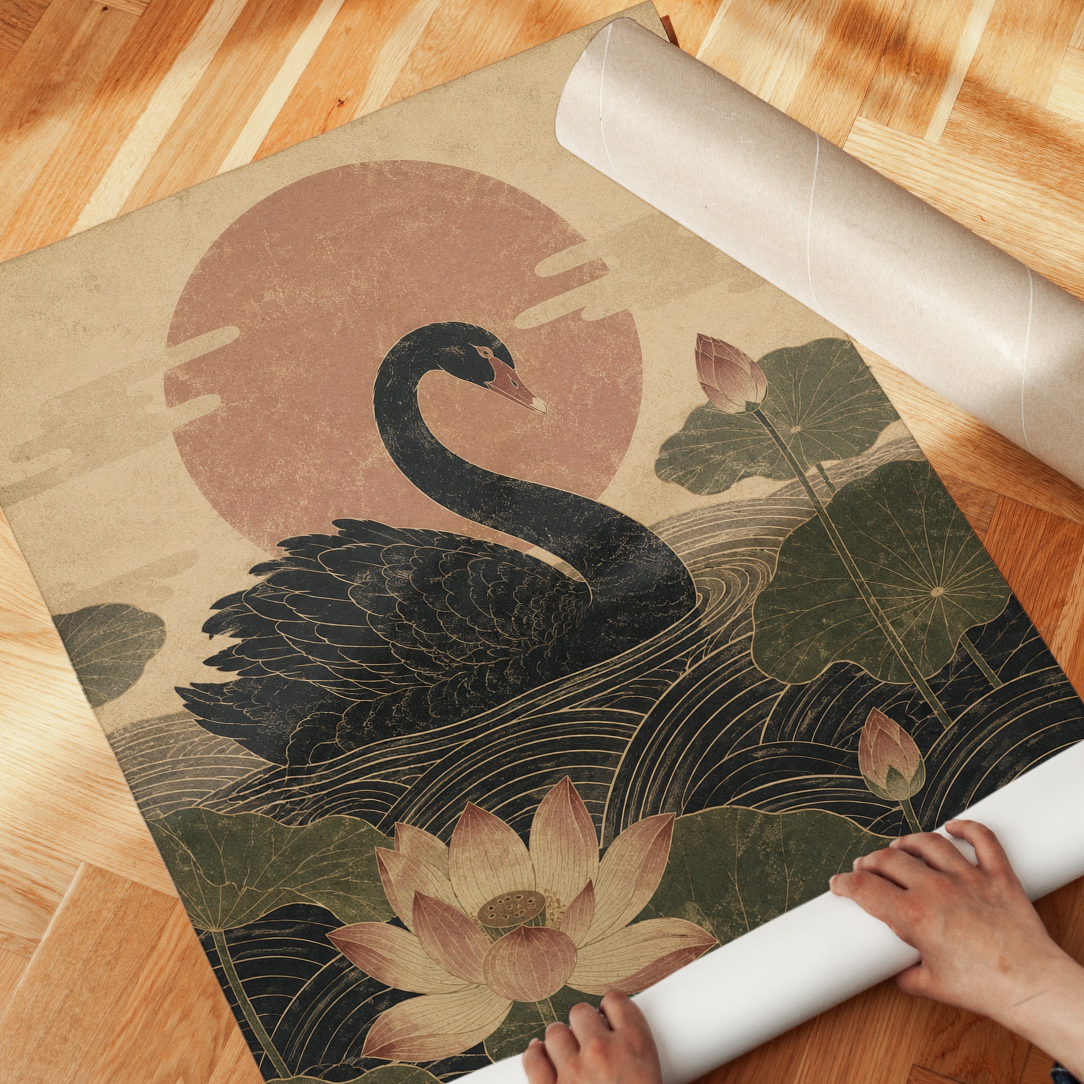 Black Swan Art Print: Japanese Lotus and Sun - detail