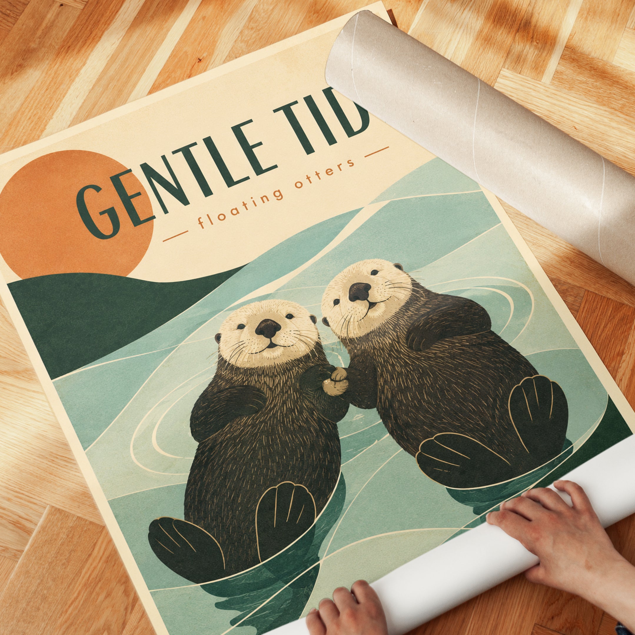 Gentle Tide Otters Art Print: Vintage Mid-Century Wildlife Poster - detail