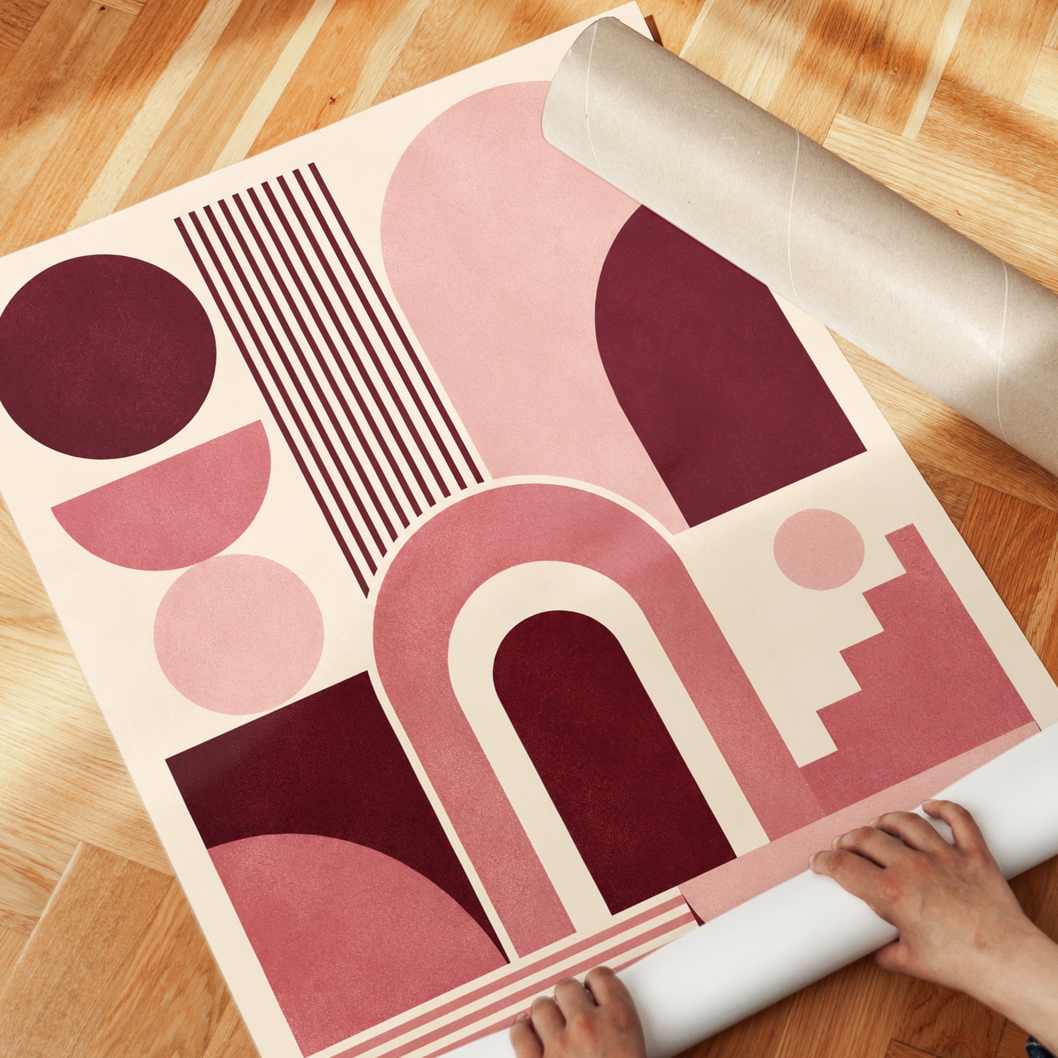 Geometric Abstract Art Print: Burgundy and Pink Bauhaus Design - detail
