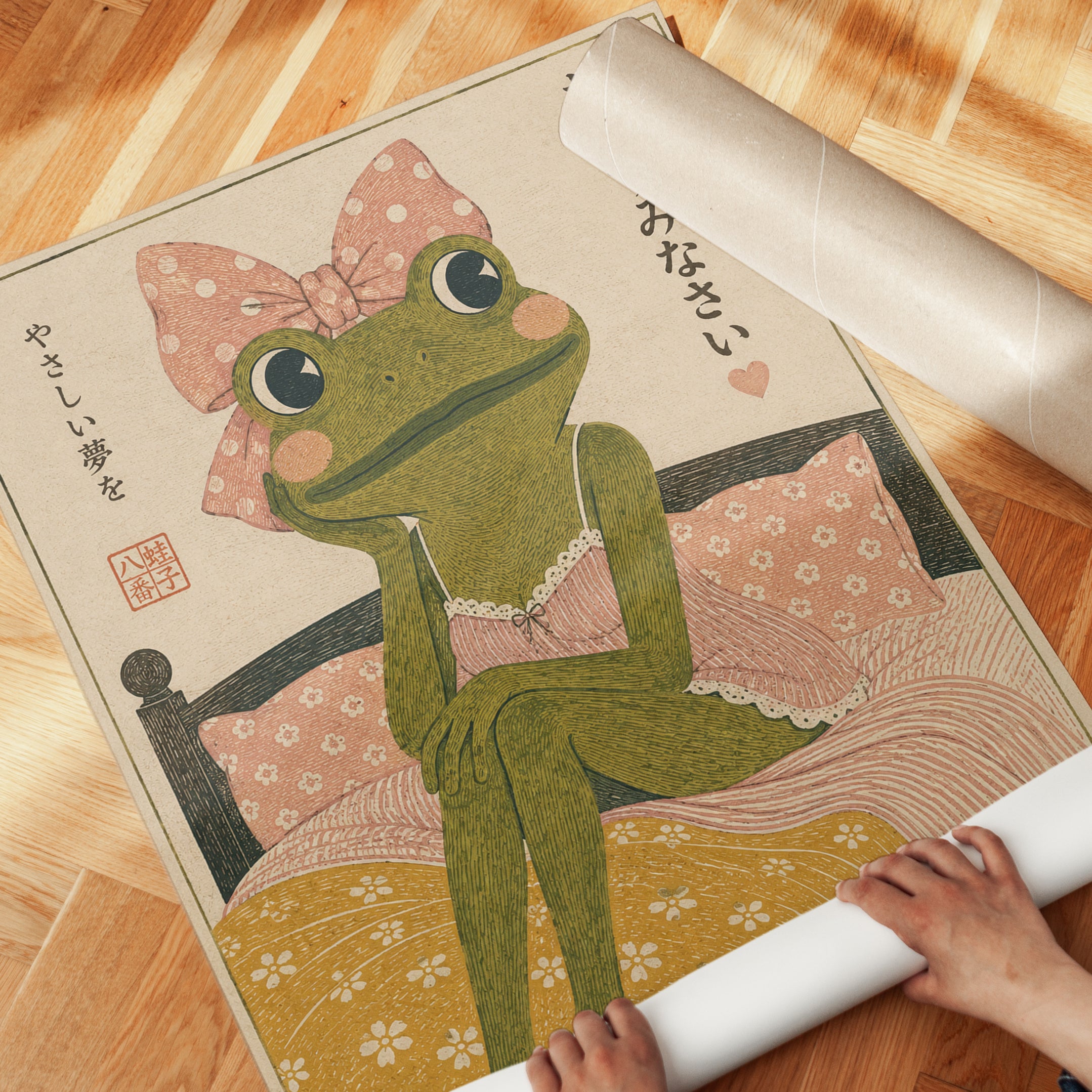 Japanese Frog With Pink Bow Art Print: Vintage Kawaii Style - detail
