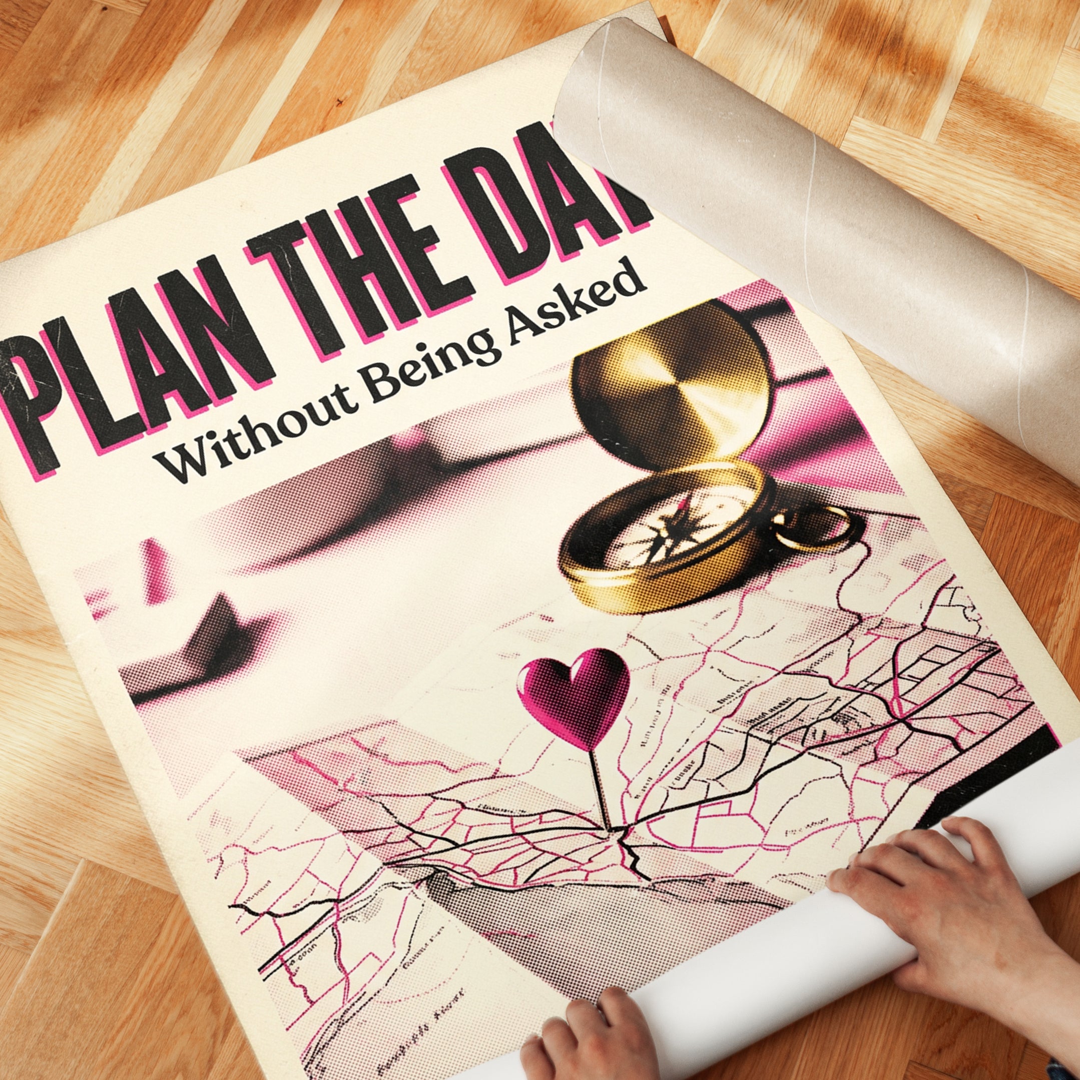Plan the Date Retro Romance Poster: Pink Typography Wall Art - detail