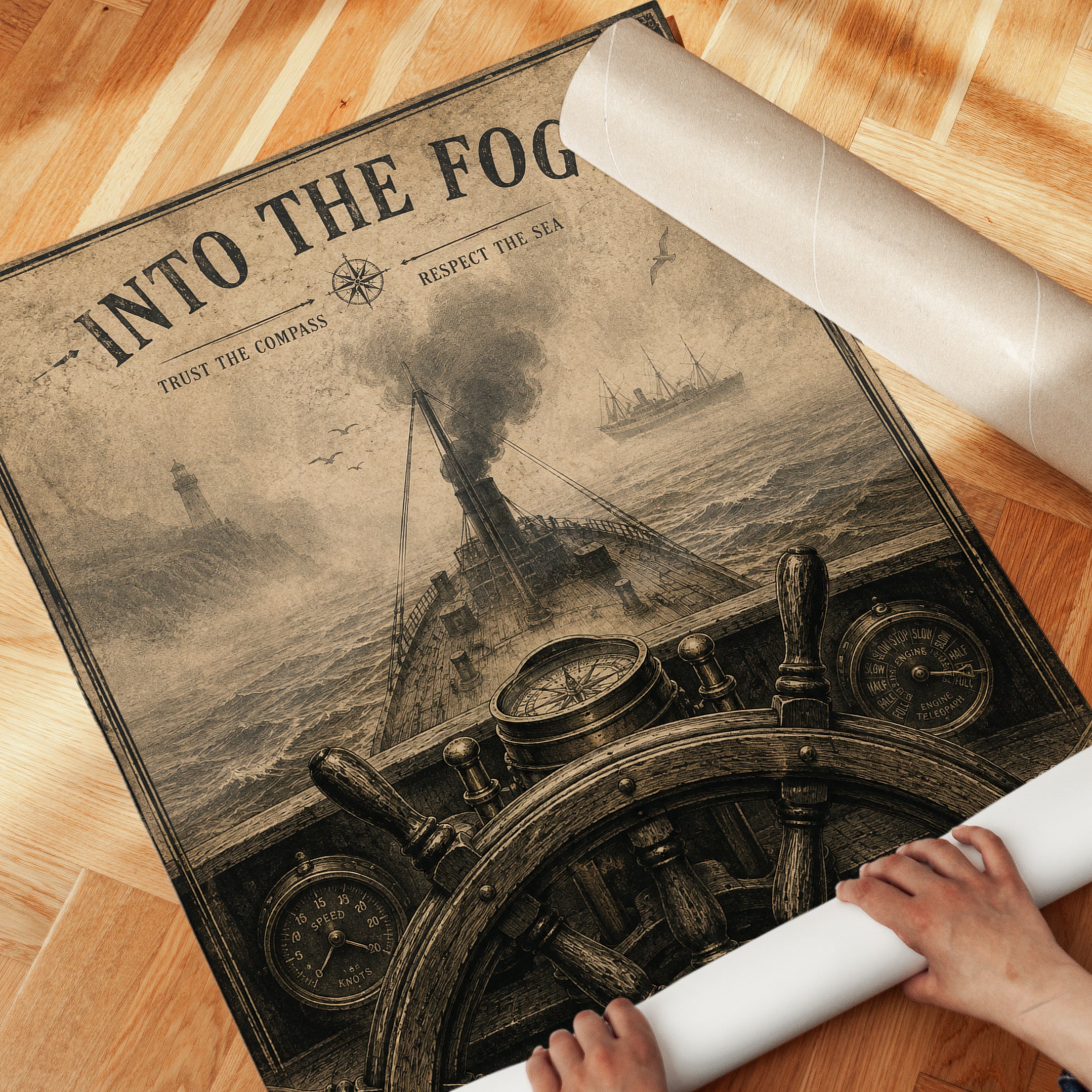 Into The Fog Nautical Print: Vintage Steamship Maritime Wall Art - detail