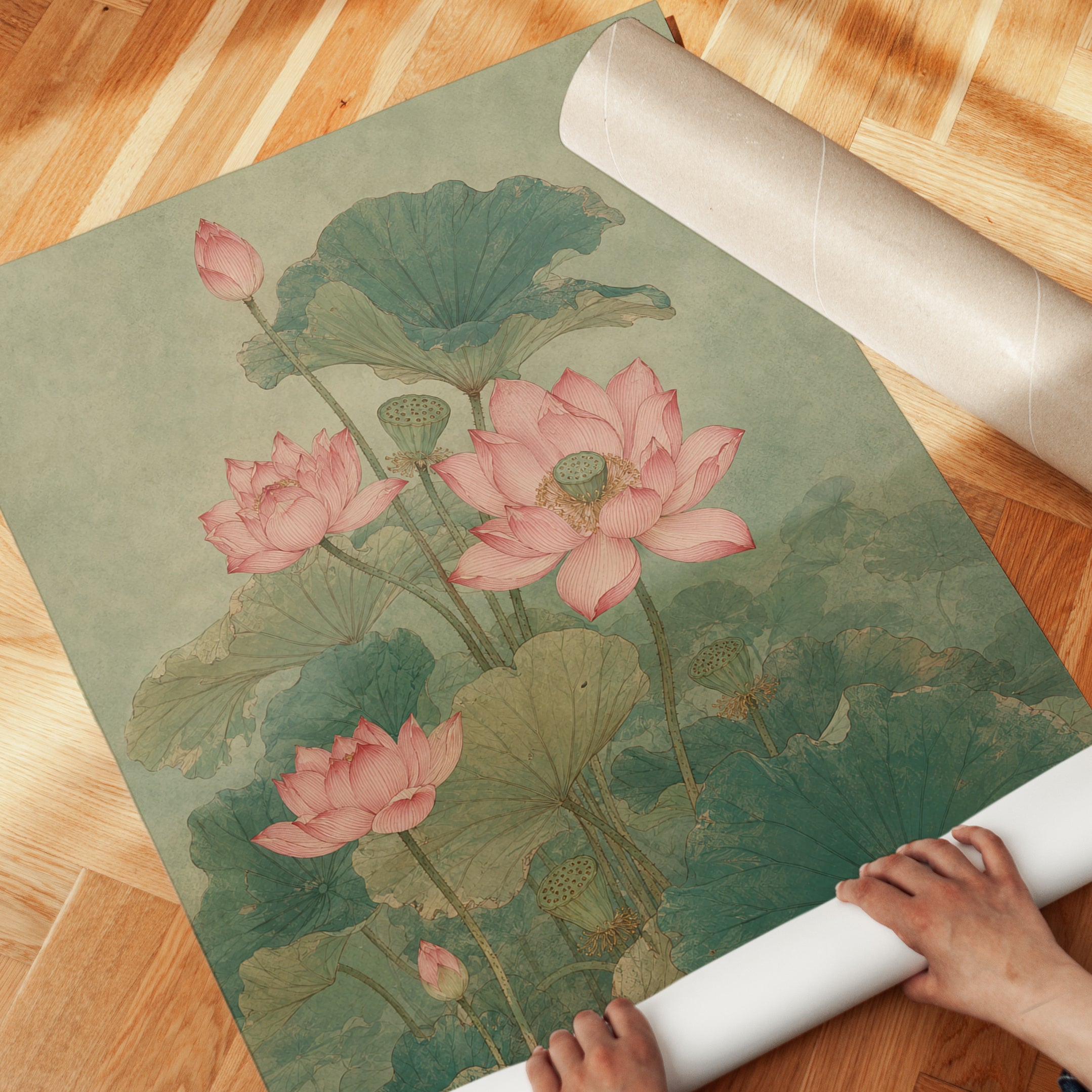 Lotus Flower Botanical Print — Vintage Asian Watercolor - detail