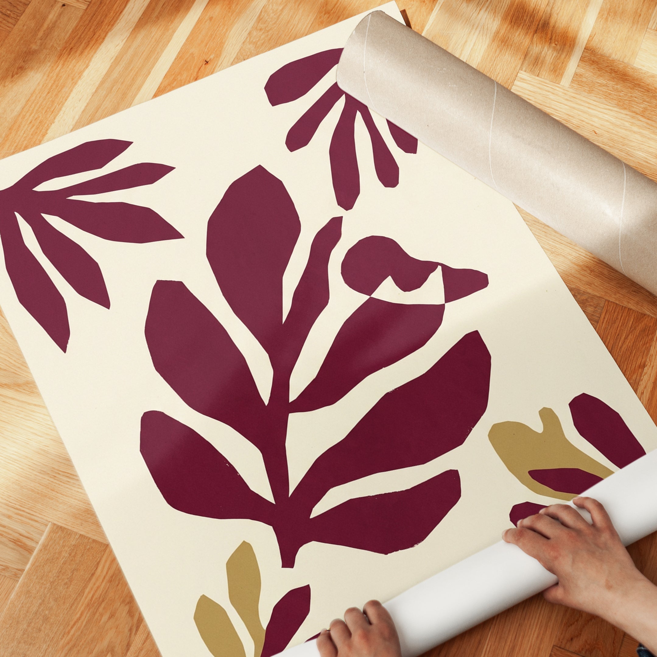 Matisse Style Botanical Cutout: Burgundy and Gold Wall Art - detail