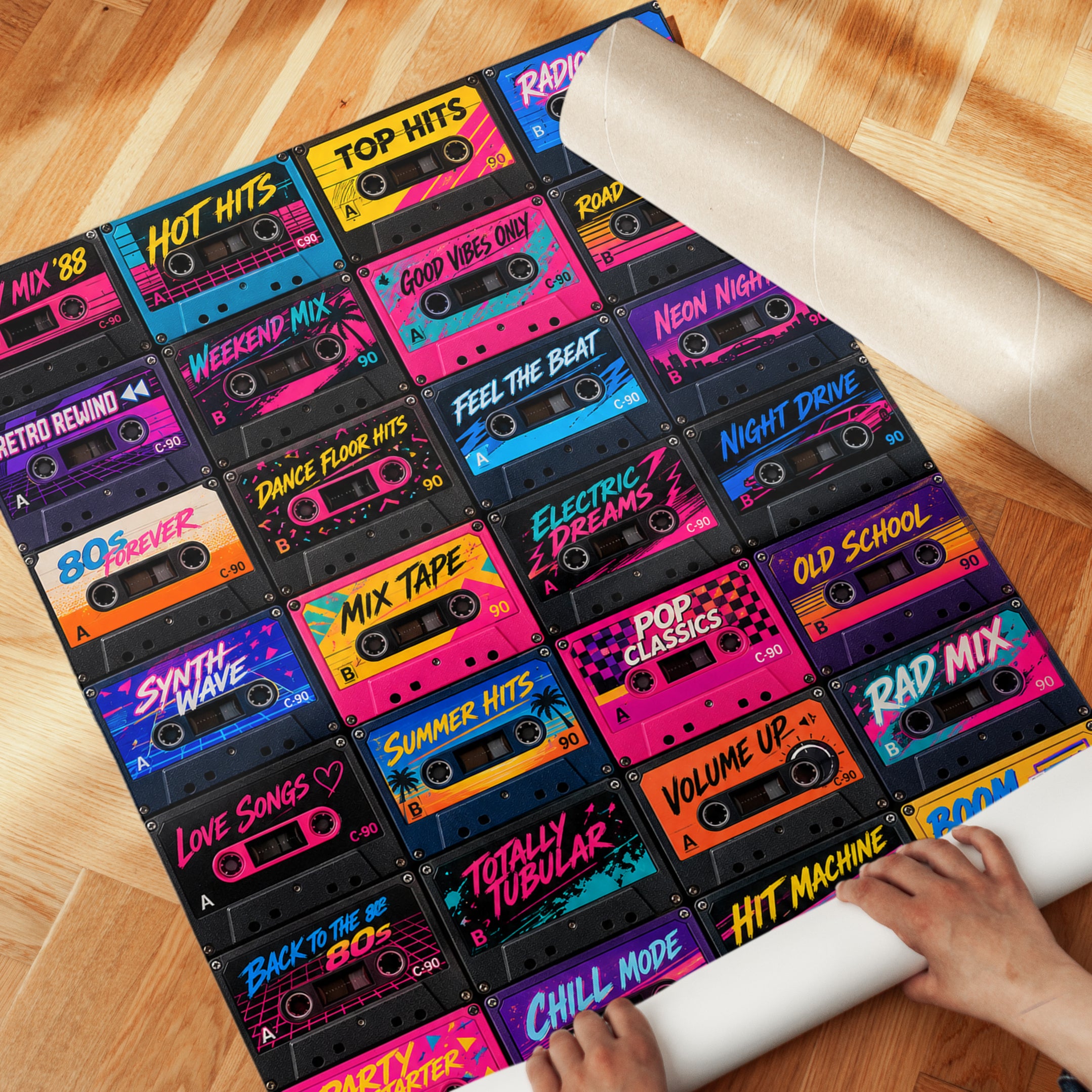 Retro Cassette Tape Wall Art: 1980s Neon Music Collection - detail