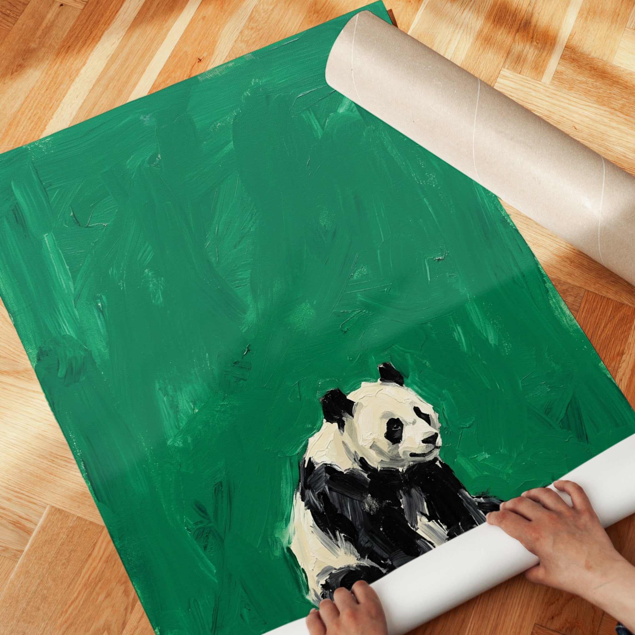 Panda on Green Wall Art: Textured Contemporary Wildlife Print - detail