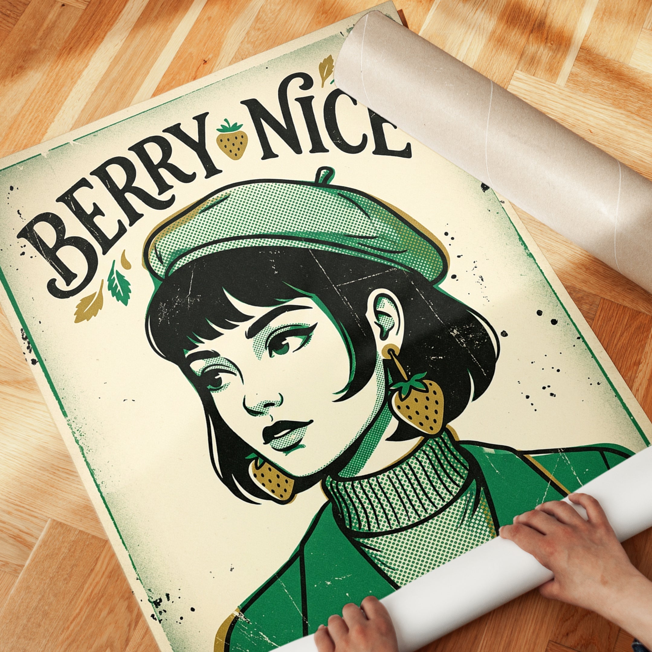 Berry Nice Retro Girl Poster: Vintage Halftone Portrait Art - detail