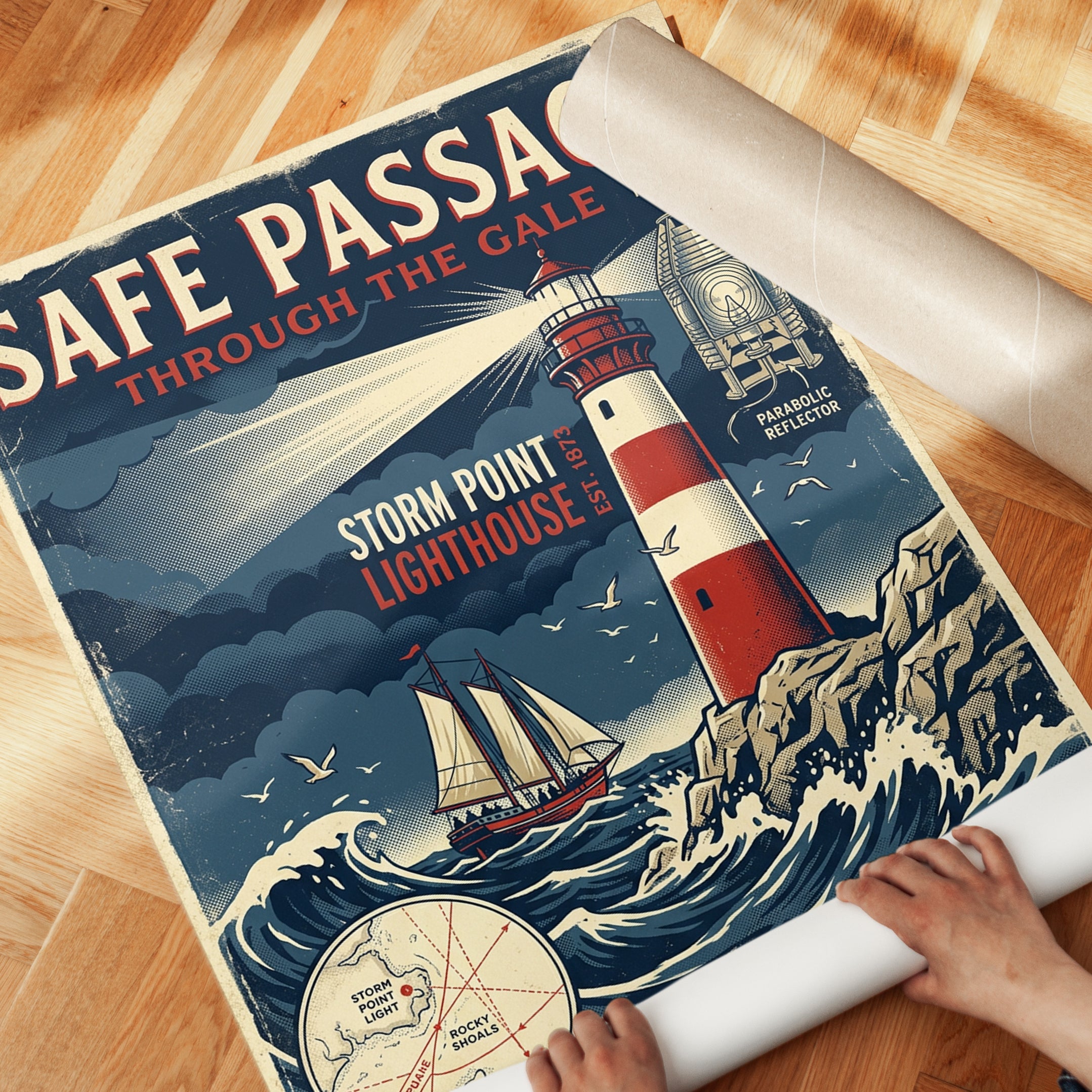 Lighthouse Vintage Nautical Print — Retro Storm Point Maritime Poster - detail