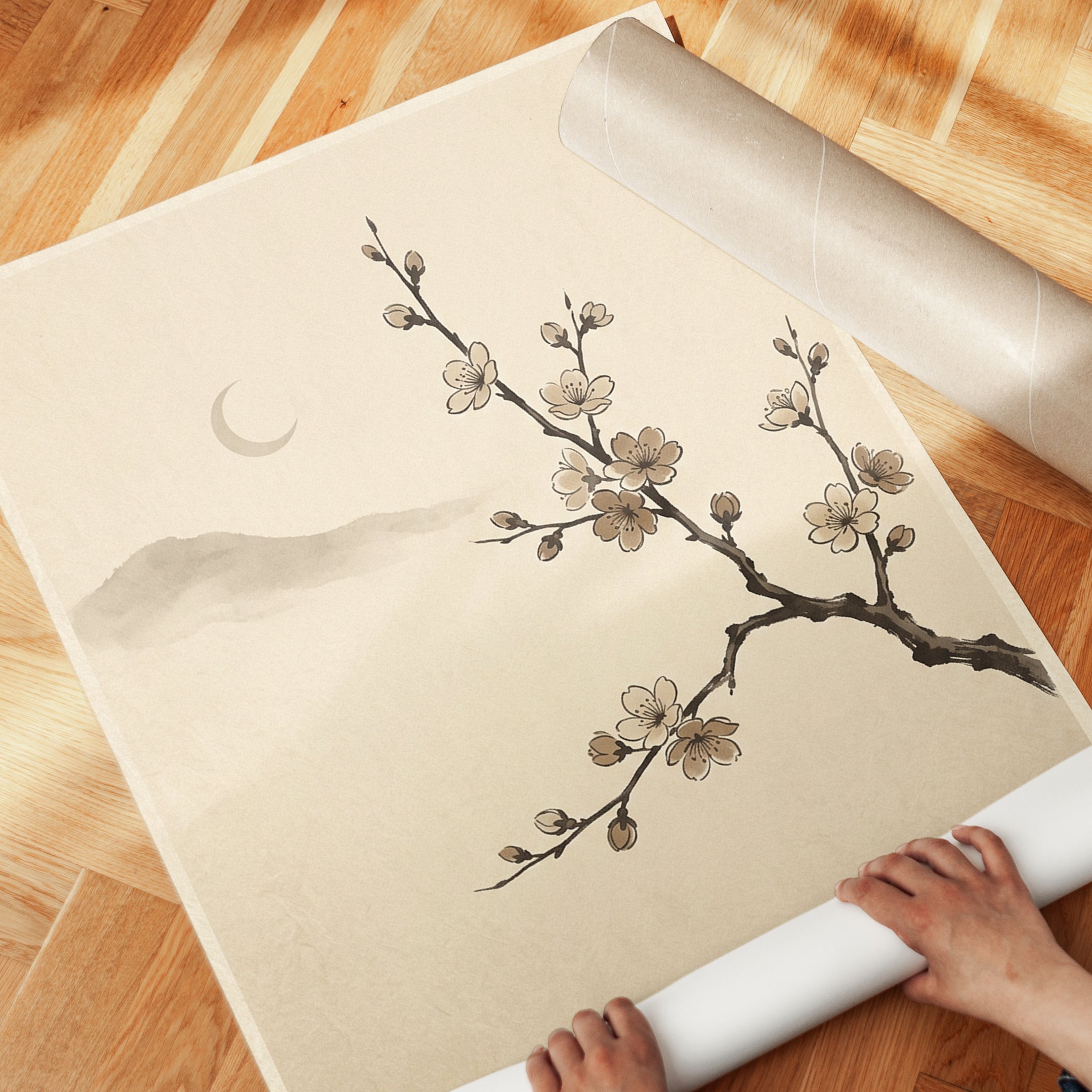 Japanese Cherry Blossom Print — Minimalist Ink Painting - detail