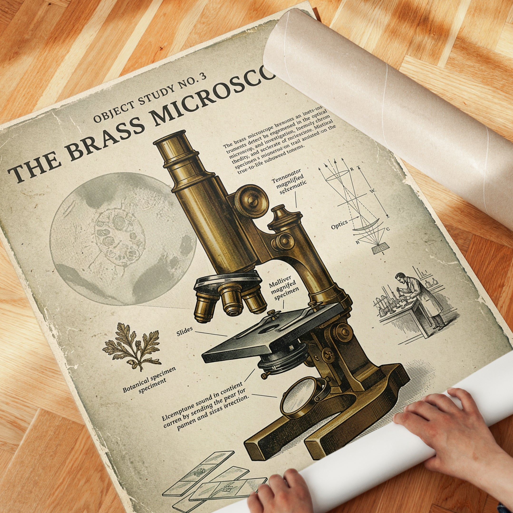 Brass Microscope Art Print: Vintage Scientific Illustration Poster - detail