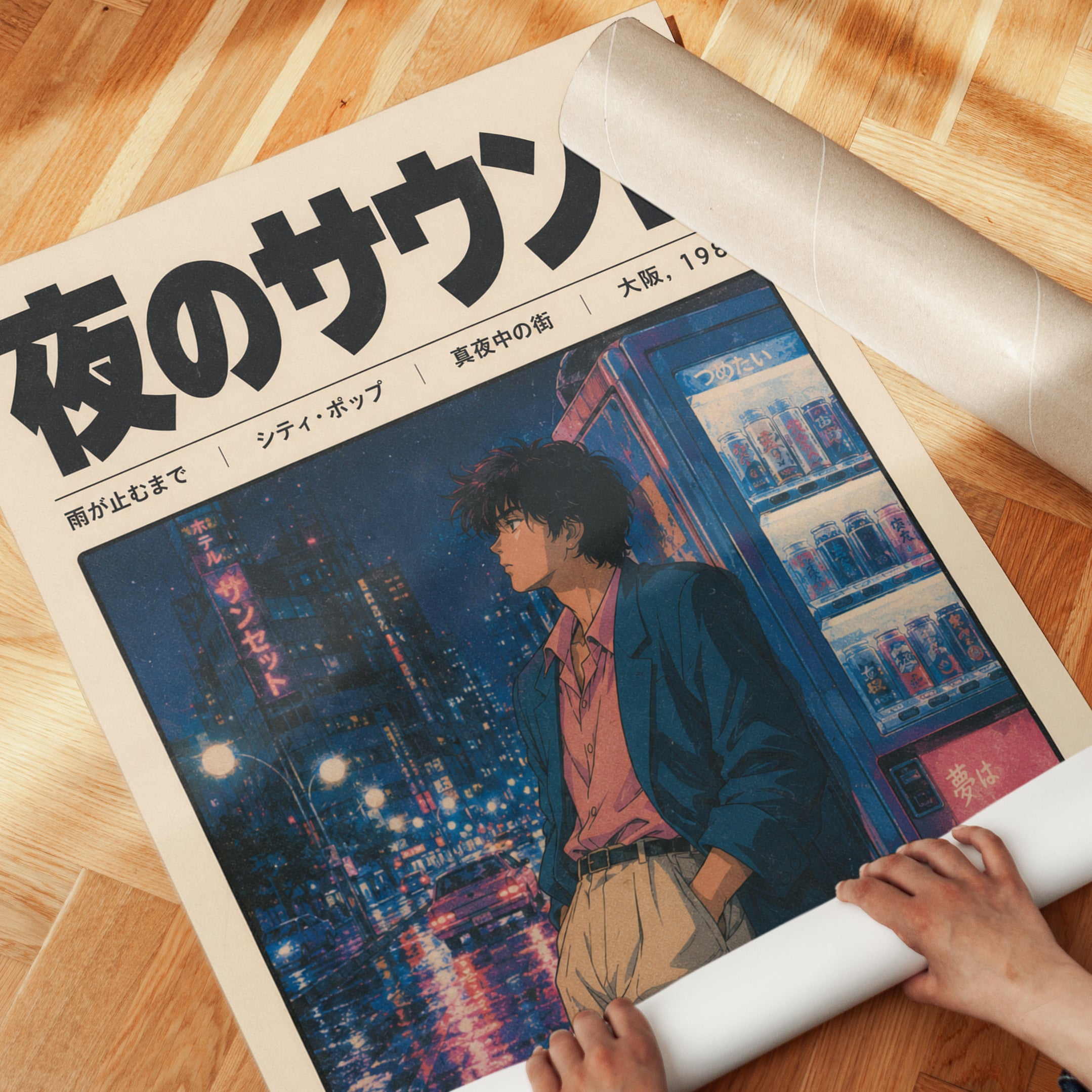 Retro Anime Poster: 1980s City Pop Tokyo Night Scene Wall Art - detail