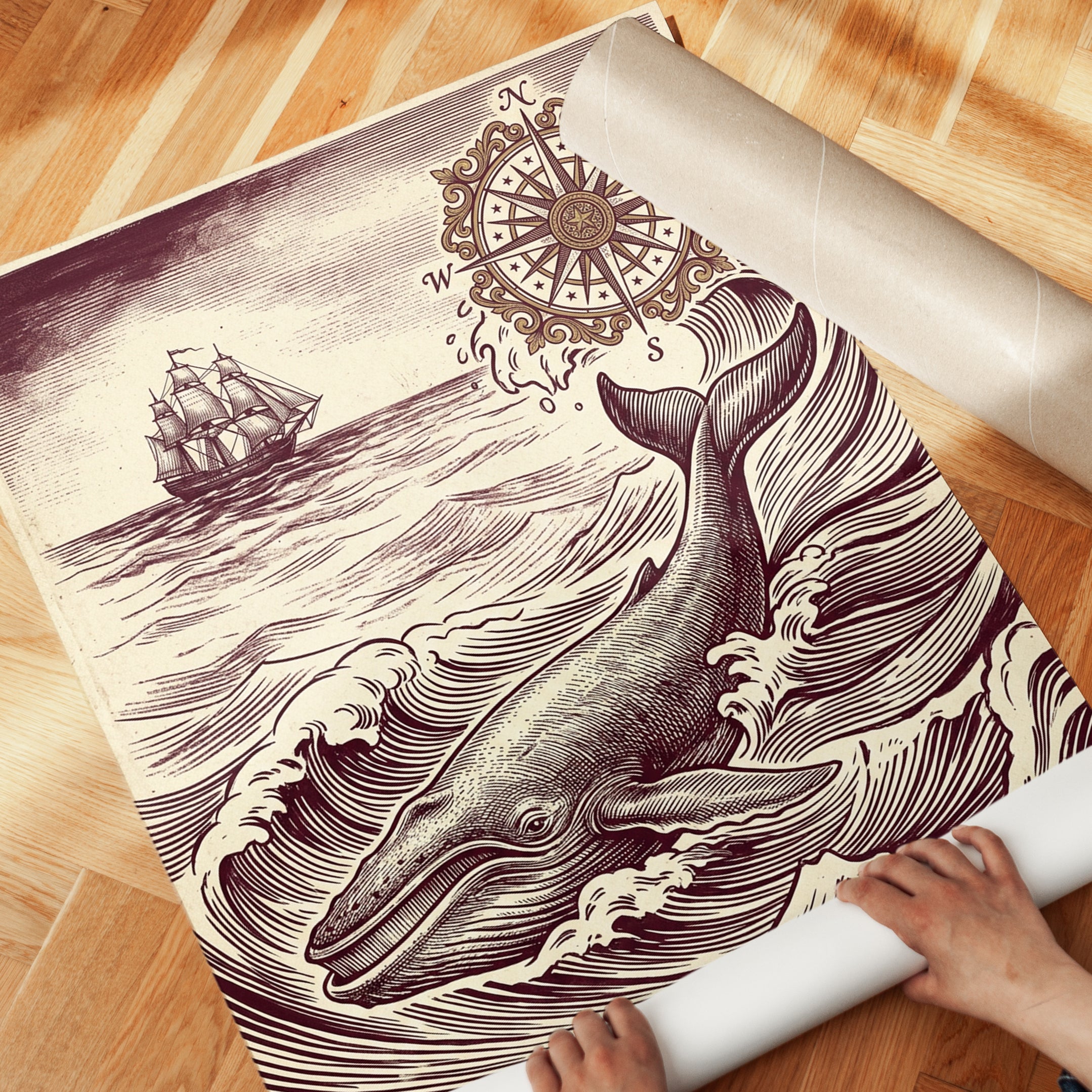 Vintage Whale Print: Nautical Engraving with Compass Rose & Ship - detail