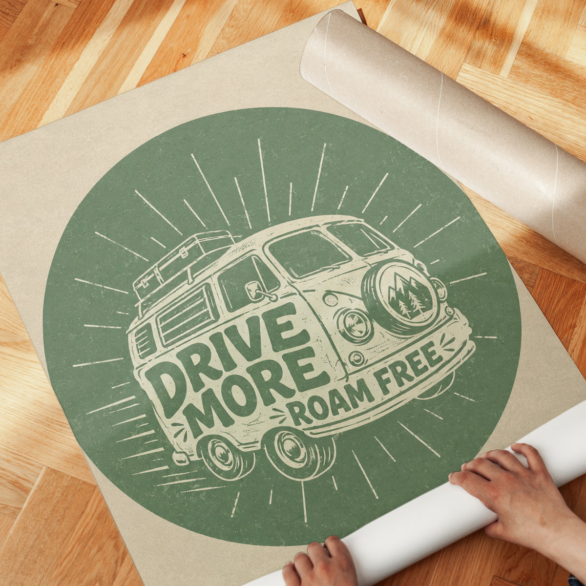 Drive More Roam Free Van Print: Retro Green Adventure Travel Art - detail