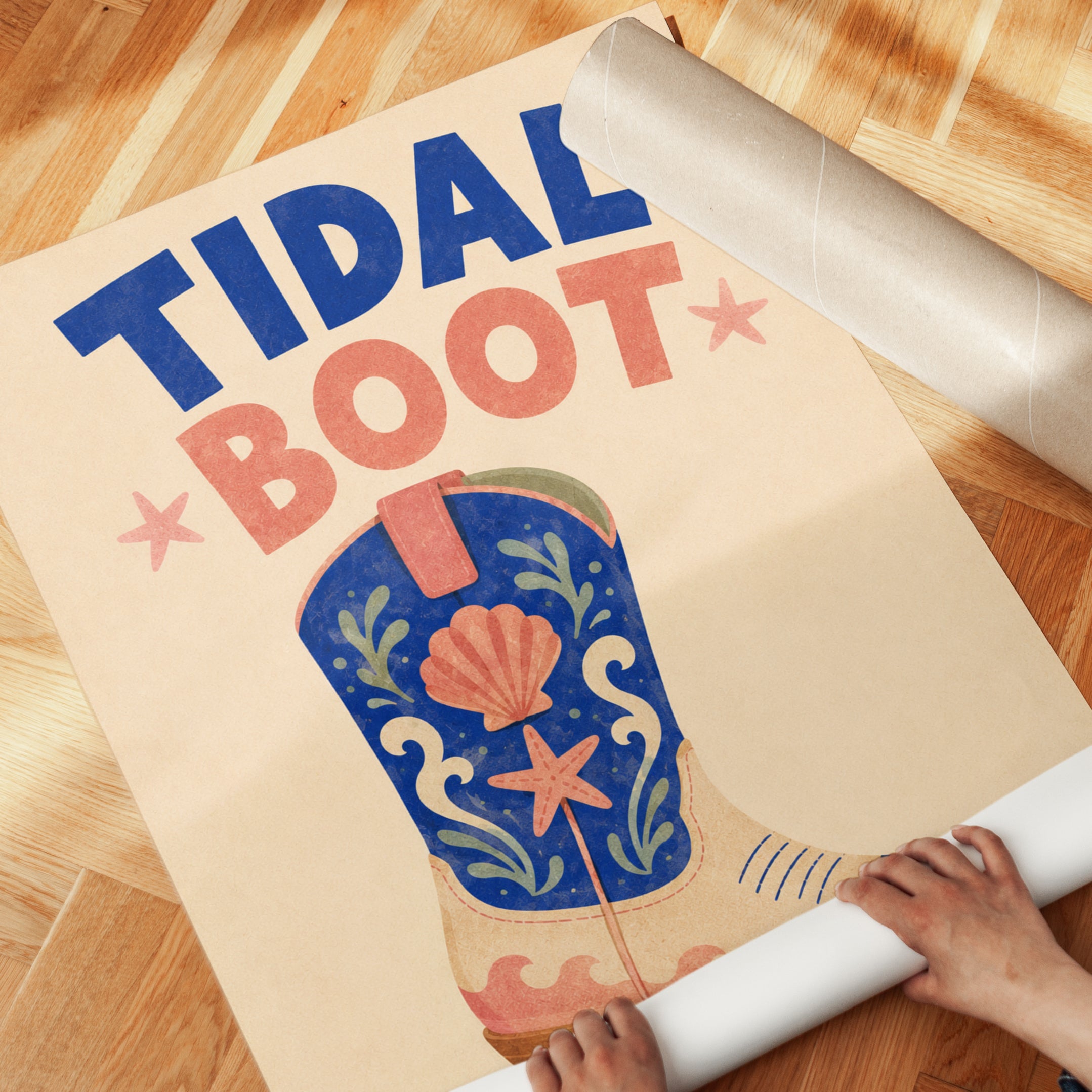 Tidal Boot Print: Coastal Western Cowboy Art with Seashells - detail