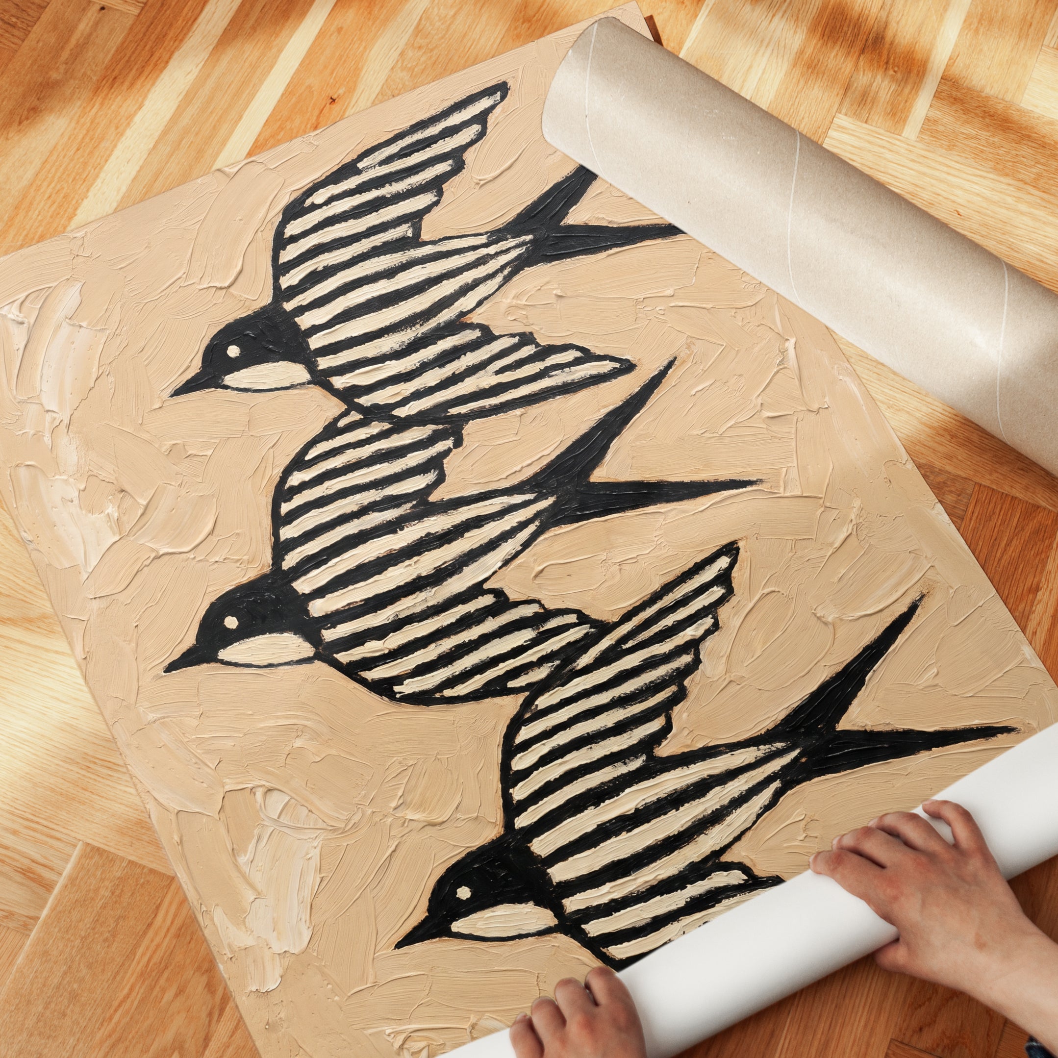 Swallow Bird Art Print: Textured Folk Style - detail