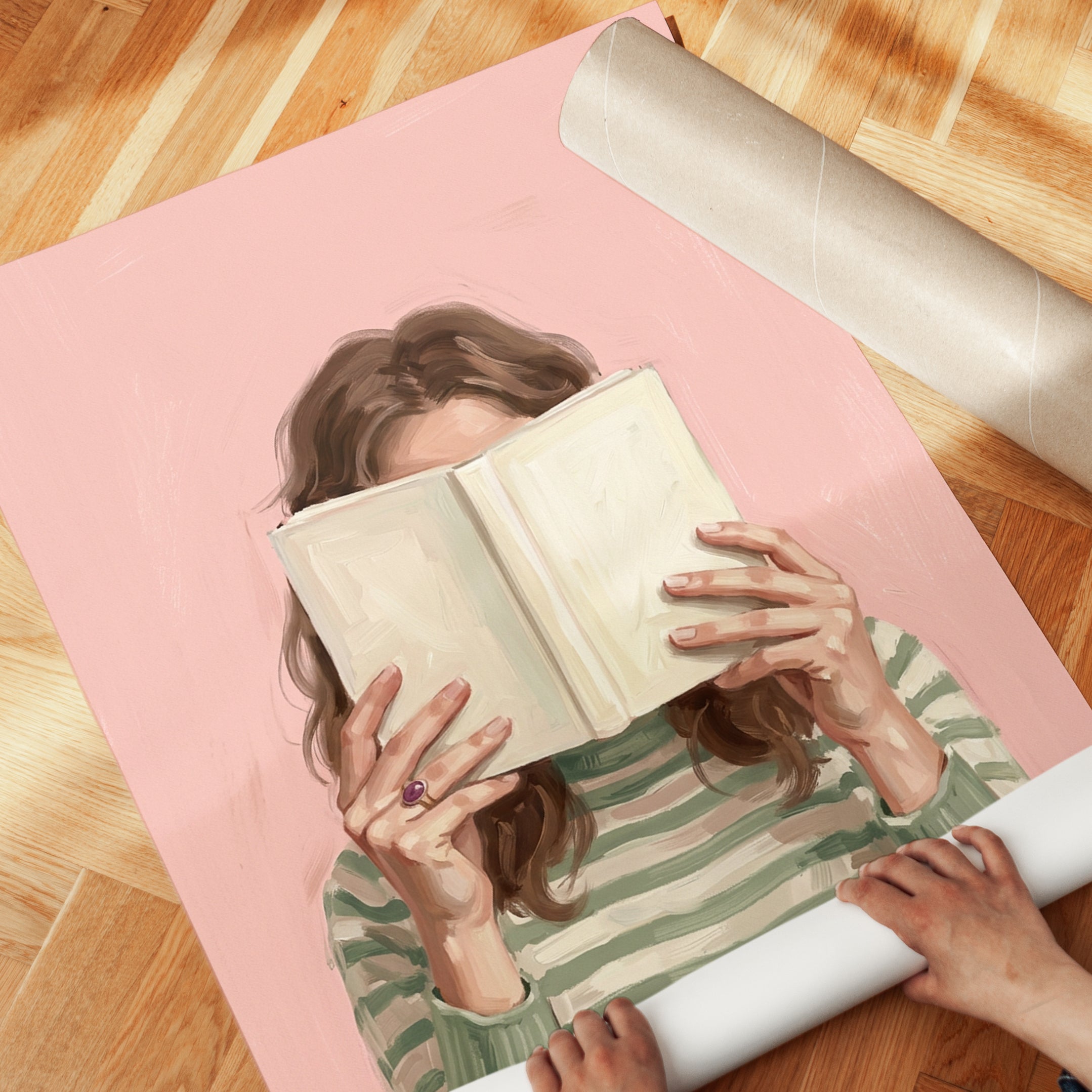 Woman Reading Book Art Print: Contemporary Pink Portrait - detail