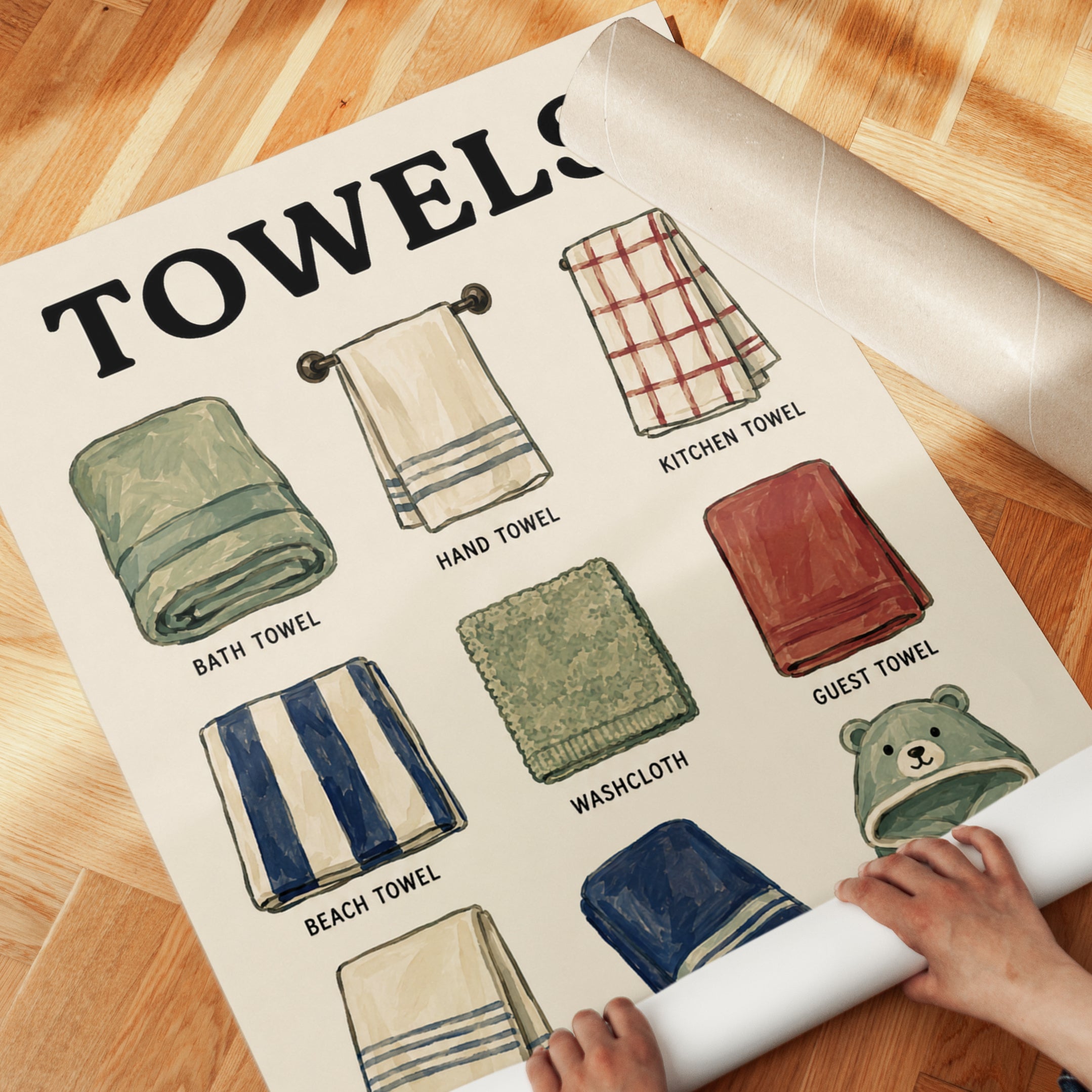 Towels Types Guide Print: Vintage Illustration Wall Art - detail