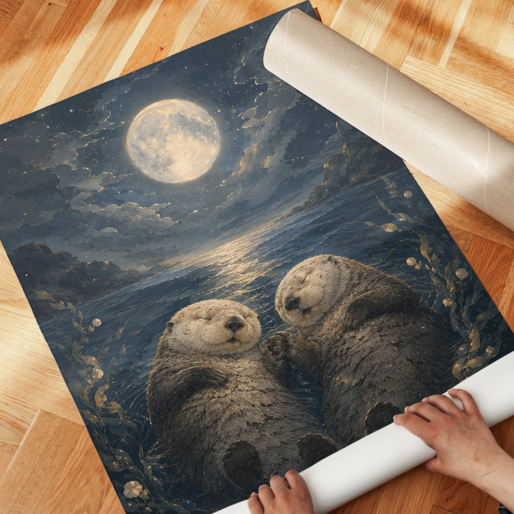 Sea Otters Holding Hands Print — Romantic Moonlight Ocean Scene - detail