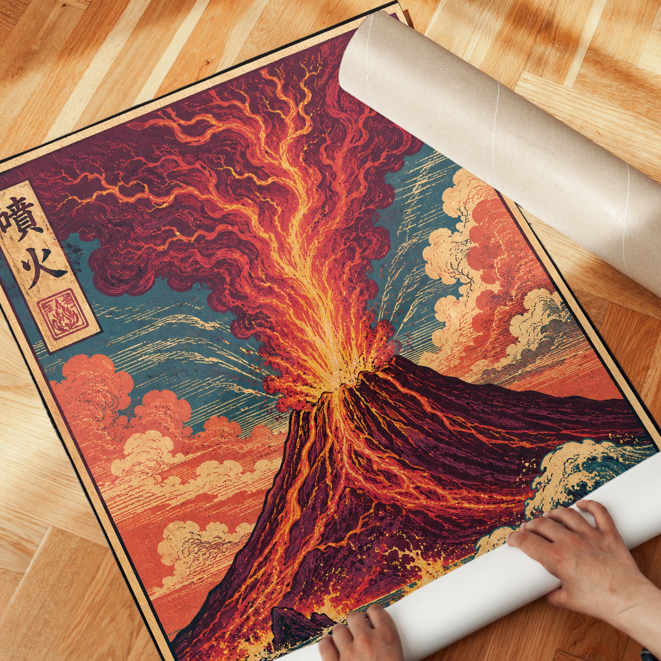 Japanese Volcano Print — Ukiyo-e Inspired Eruption - detail