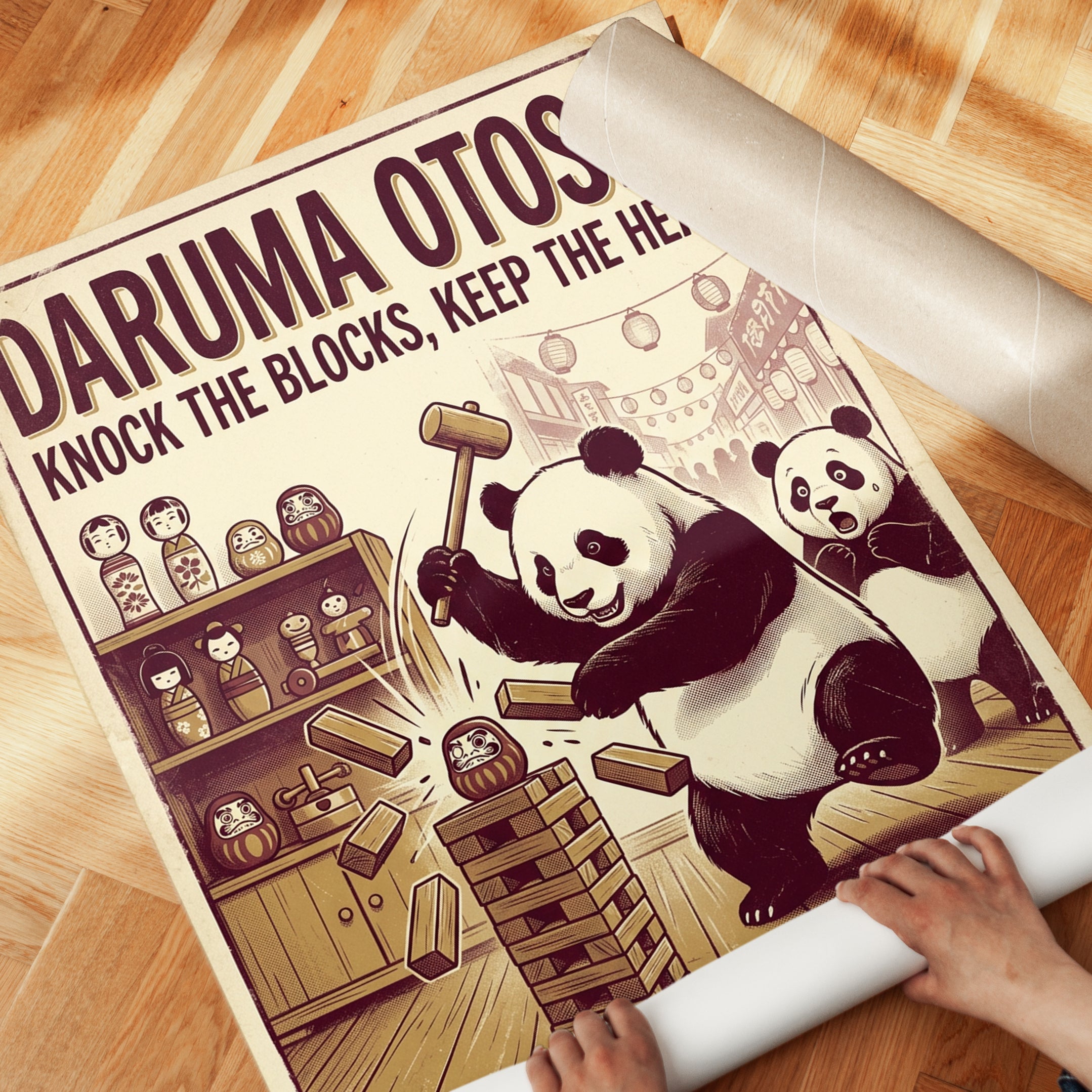 Panda Playing Jenga Poster: Retro Japanese Game Room Art - detail
