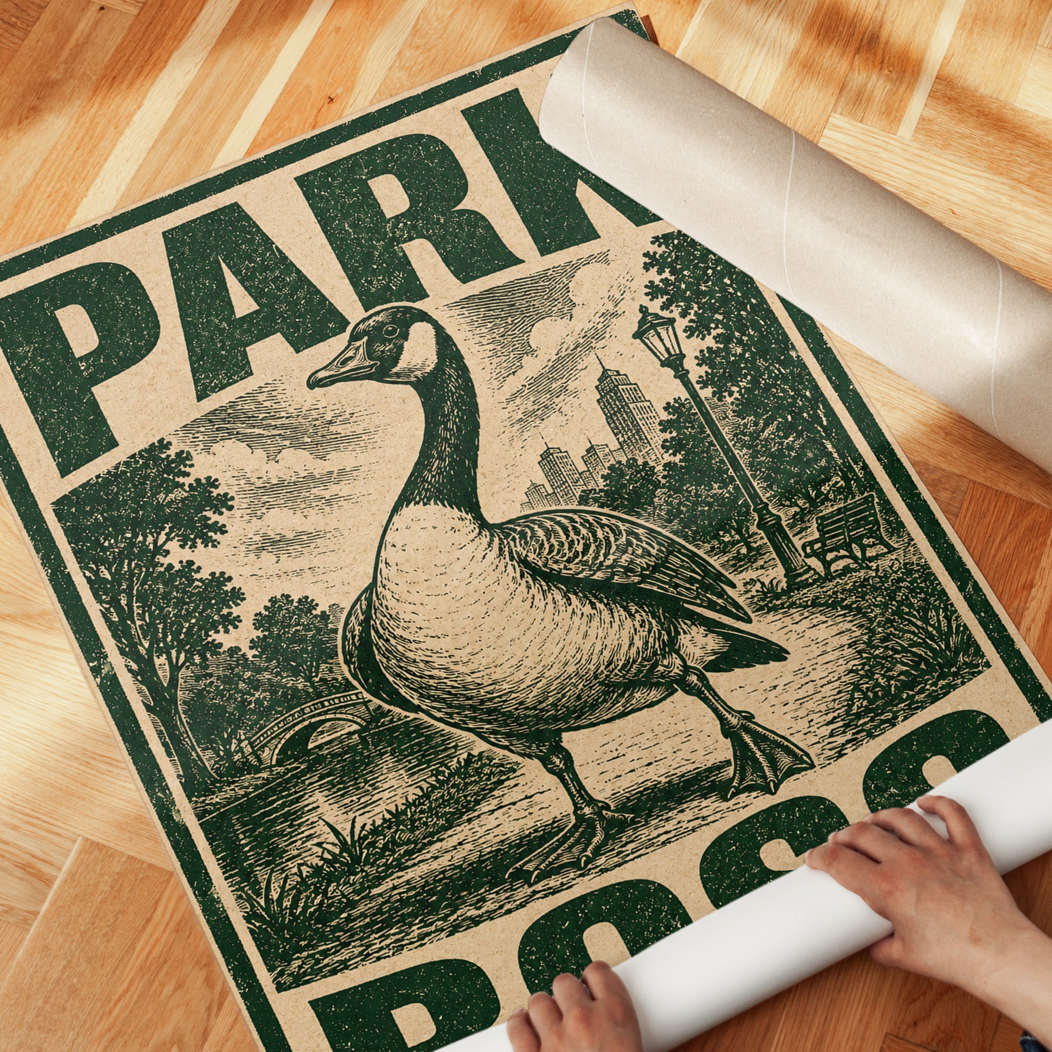 Park Boss Goose Print: Vintage Woodcut Style Green Poster - detail