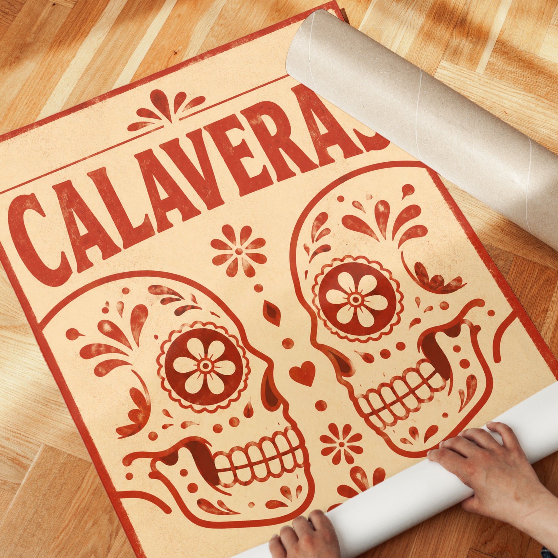 Sugar Skull Wall Art: Día de los Muertos Print (Red & Cream) - detail