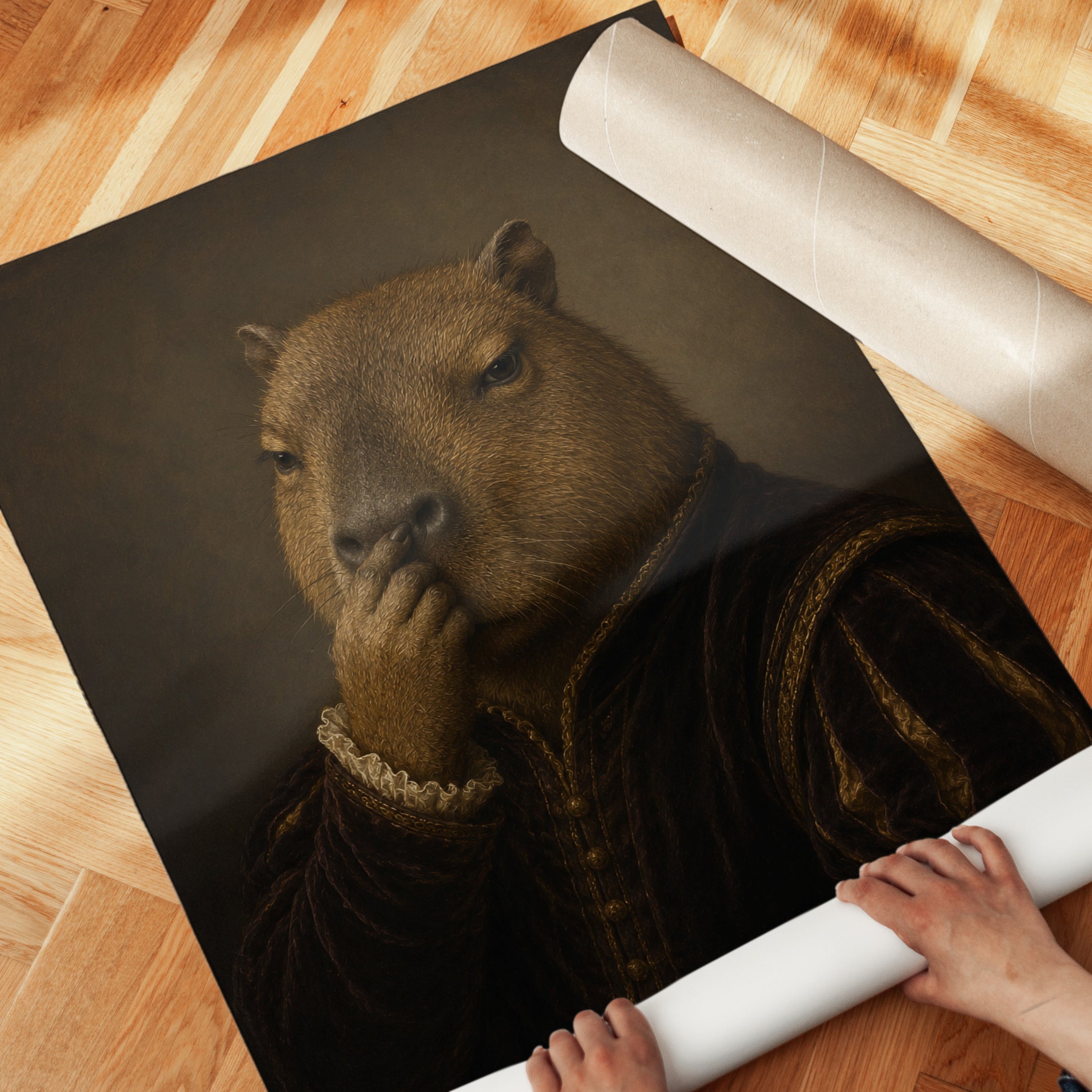 Funny Bathroom Poster Capybara Renaissance Portrait Print: Dutch - detail